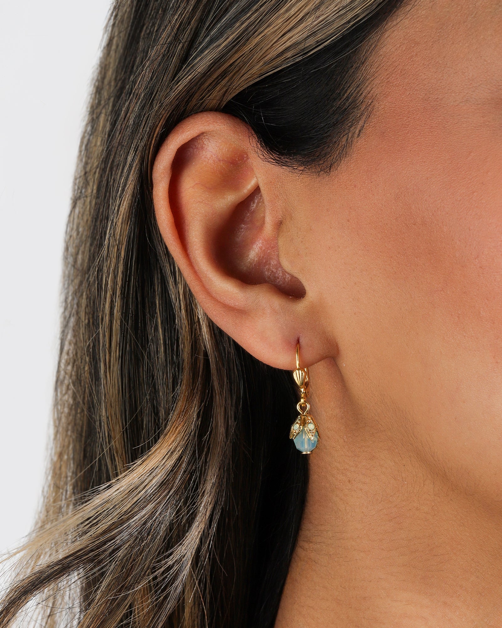 Leaf Cap Drop Hooks 14k Gold Plated, Pacific Opal Crystal