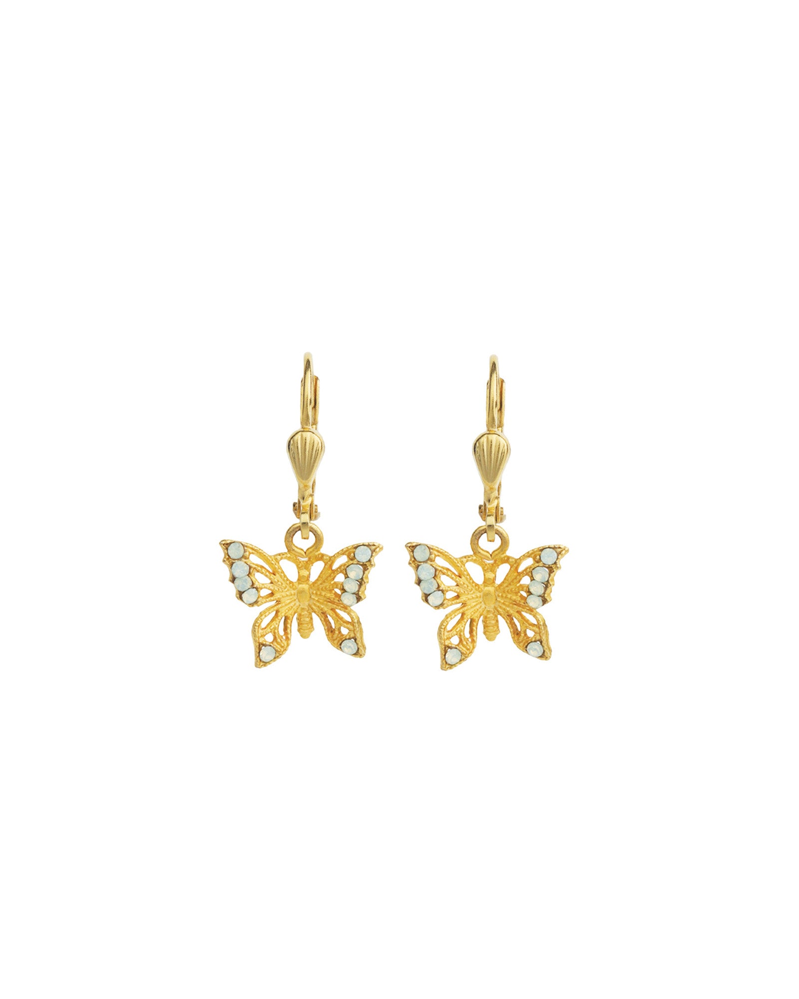 La Vie Parisienne-Filigree Butterfly Hooks-Earrings-14k Gold Plated, Pacfic Opal Crystal-Blue Ruby Jewellery-Vancouver Canada