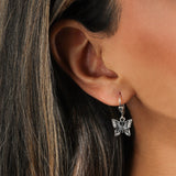 Filigree Butterfly Hooks Silver Plated, White Crystal