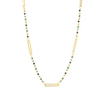 Enamel Bead Paperclip Necklace Antique 14k Gold Plated, Green Enamel