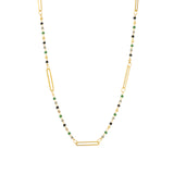 Enamel Bead Paperclip Necklace Antique 14k Gold Plated, Green Enamel