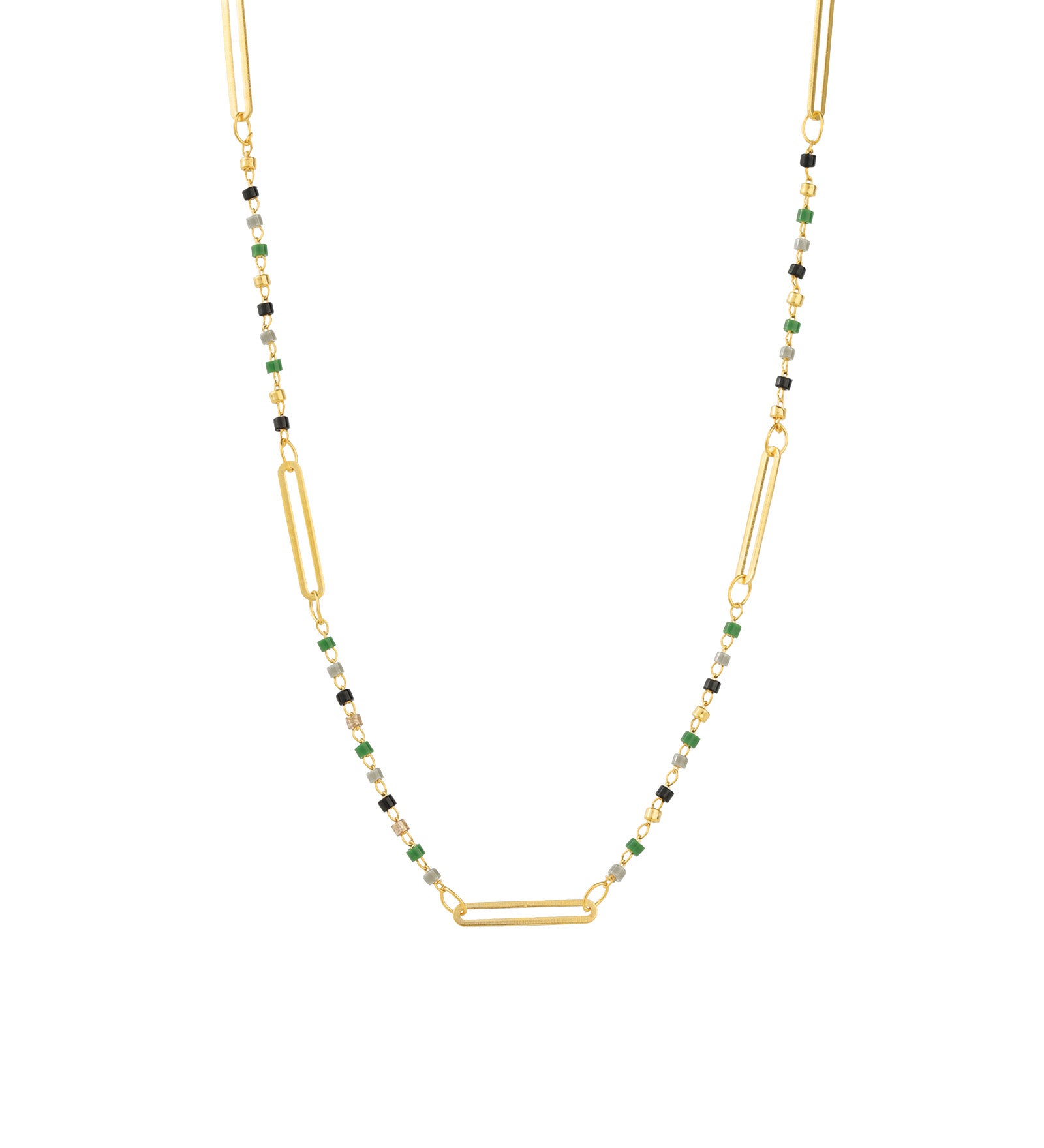 Enamel Bead Paperclip Necklace Antique 14k Gold Plated, Green Enamel