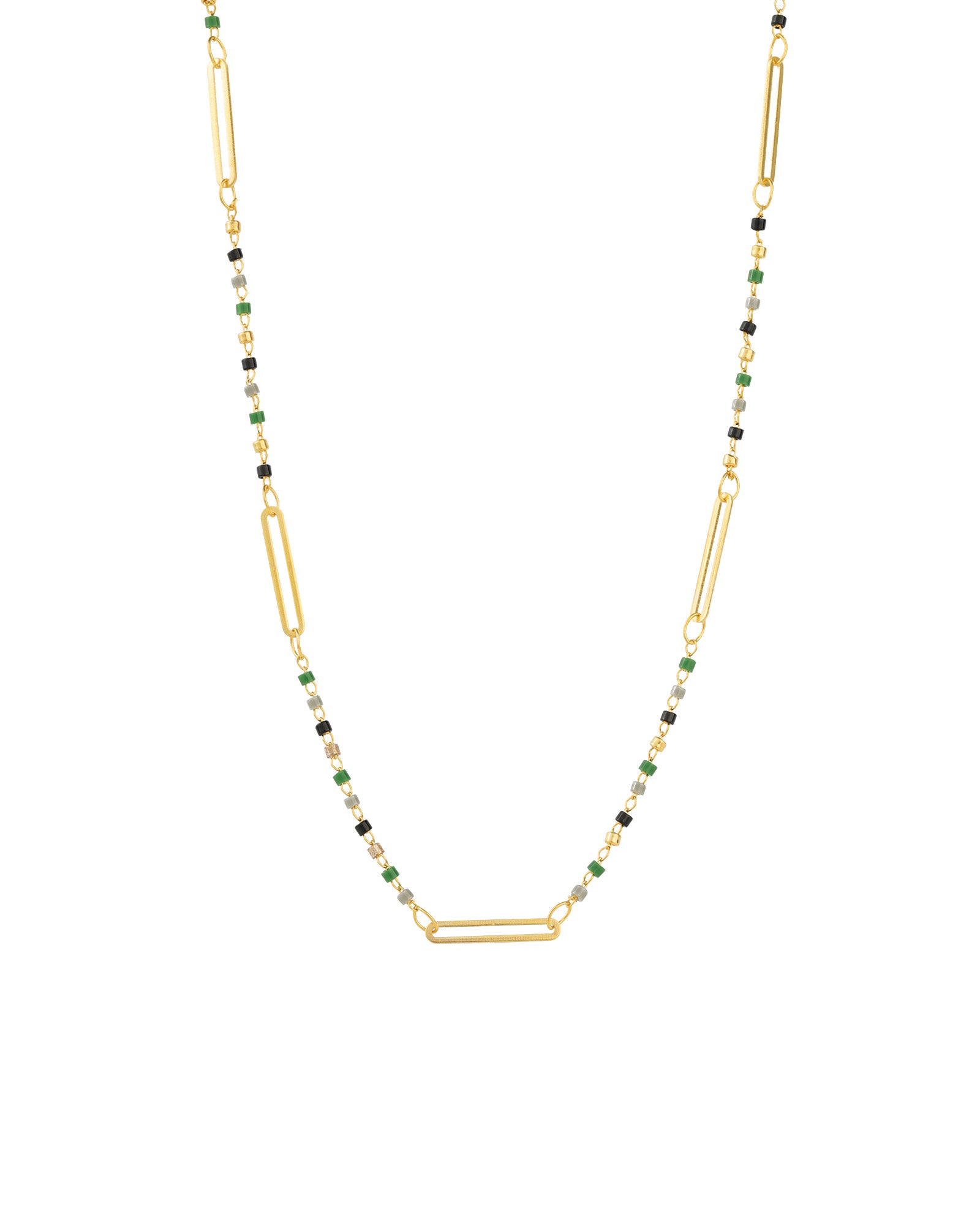 Enamel Bead Paperclip Necklace Antique 14k Gold Plated, Green Enamel