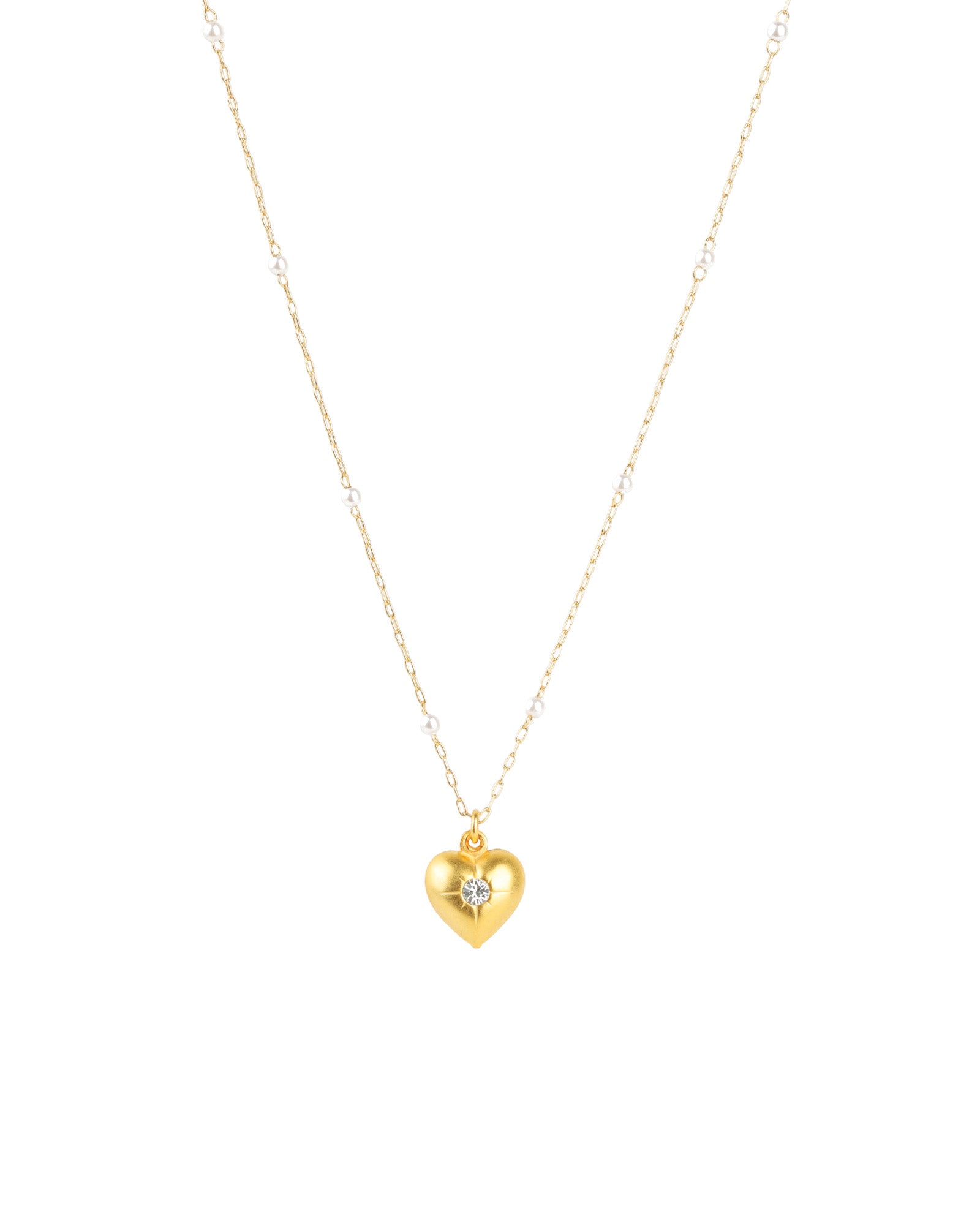 Heart Pendant Pearl Chain Necklace Antique 14k Gold Plated, White Crystal, White Pearl