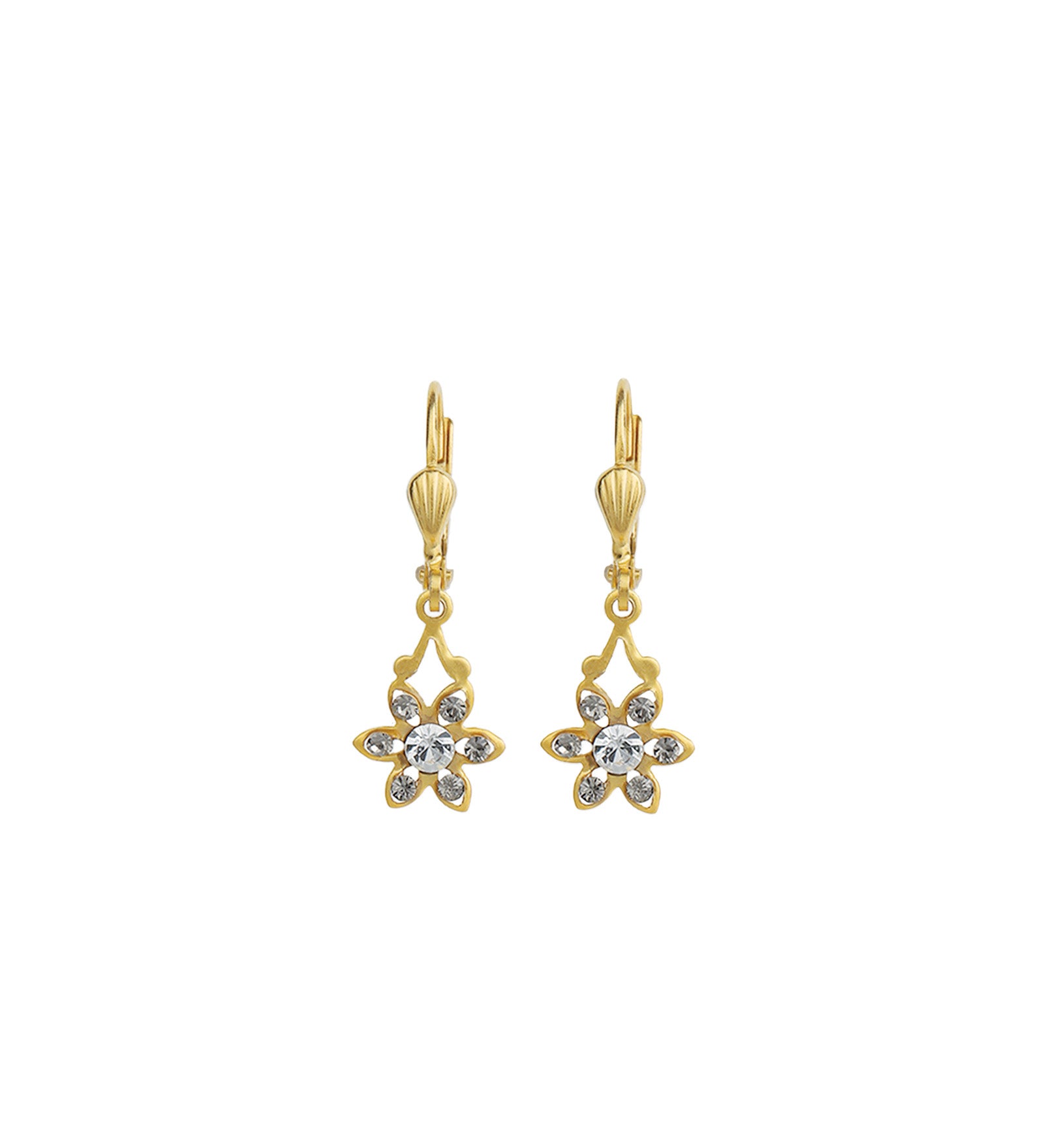 La Vie Parisienne-Six Petal Crystal Hooks-Earrings-14k Gold Plated, Black Diamond Crystal-Blue Ruby Jewellery-Vancouver Canada