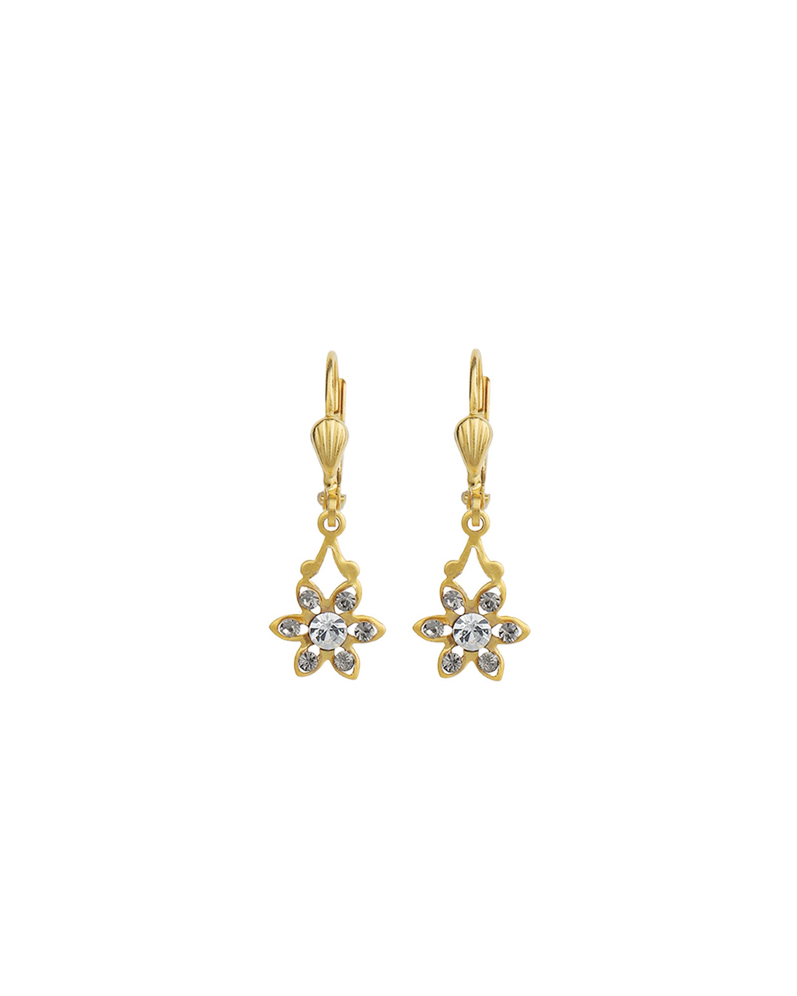 La Vie Parisienne-Six Petal Crystal Hooks-Earrings-14k Gold Plated, Black Diamond Crystal-Blue Ruby Jewellery-Vancouver Canada