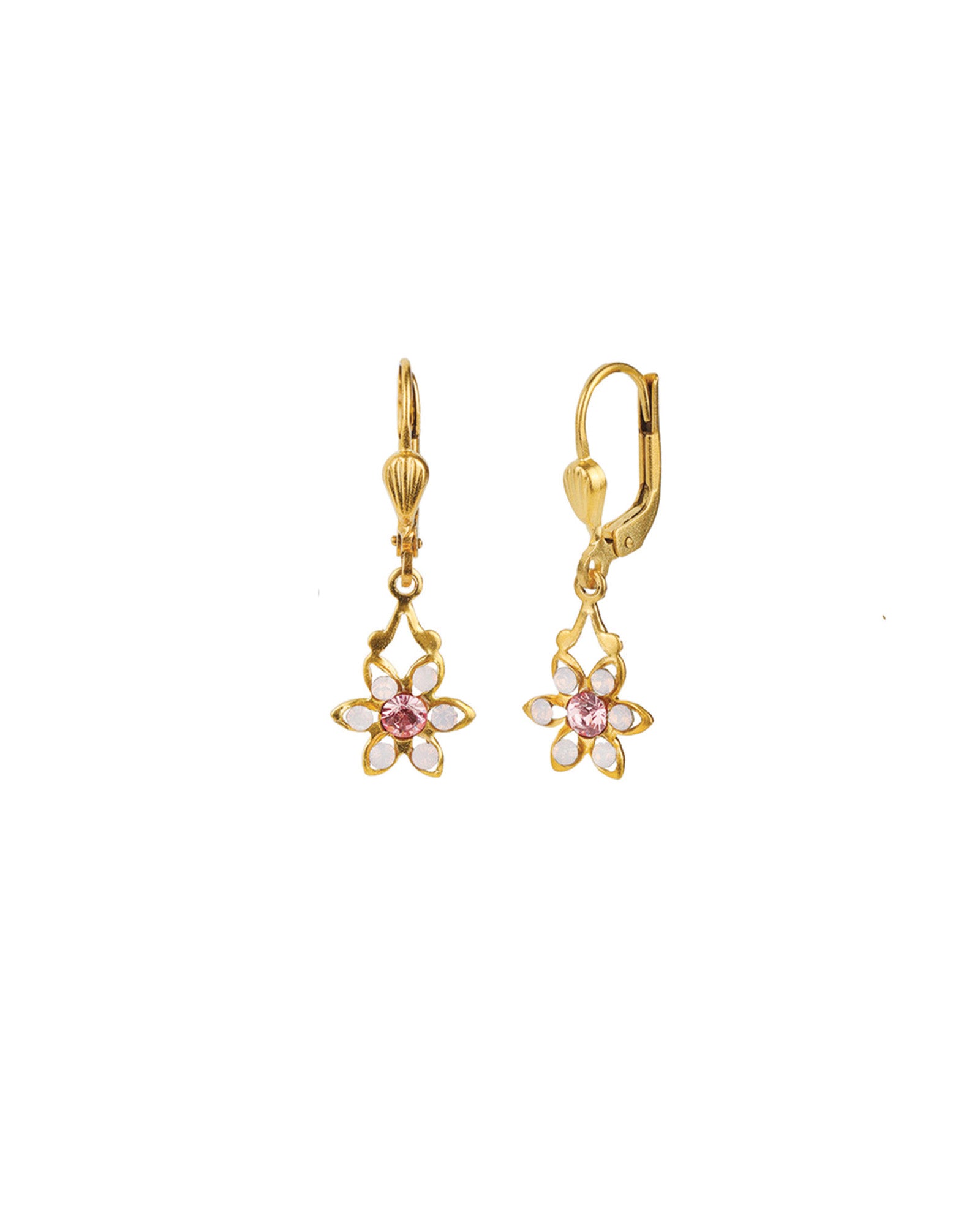 Flower Six Petal Crystal Hooks Antique 14k Gold Plated,  Rose Water & Pink Crystal