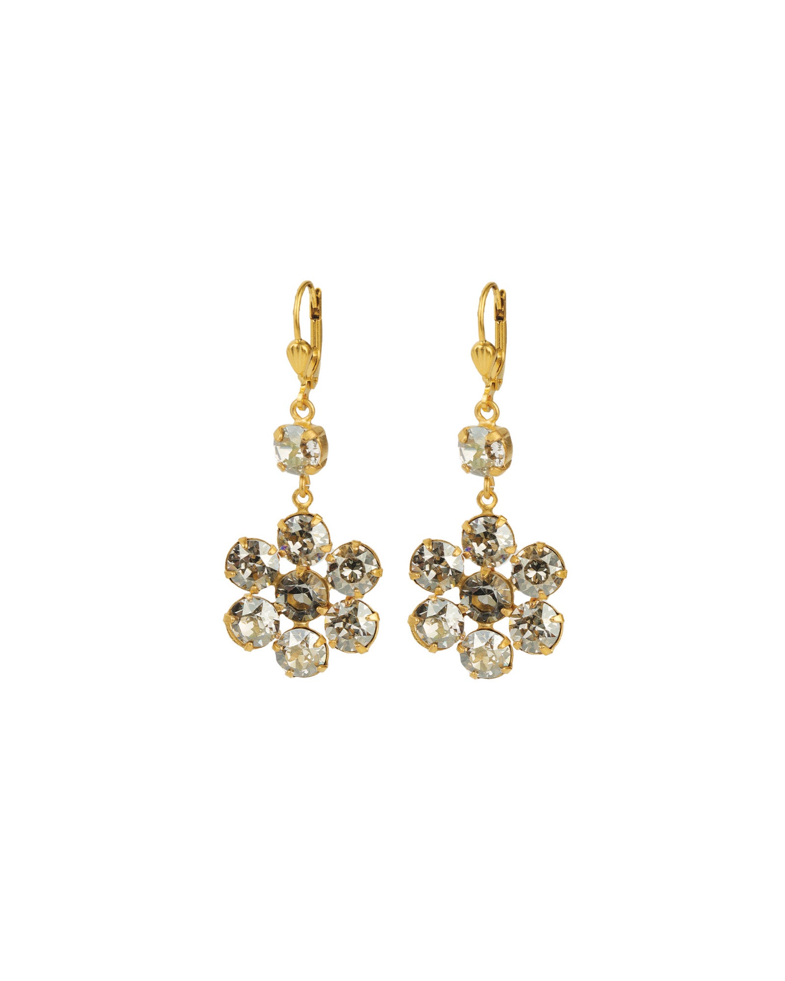 Large Flower Crystal Hooks Antique 14k Gold Plated,  Shade & Black Diamond Crystal
