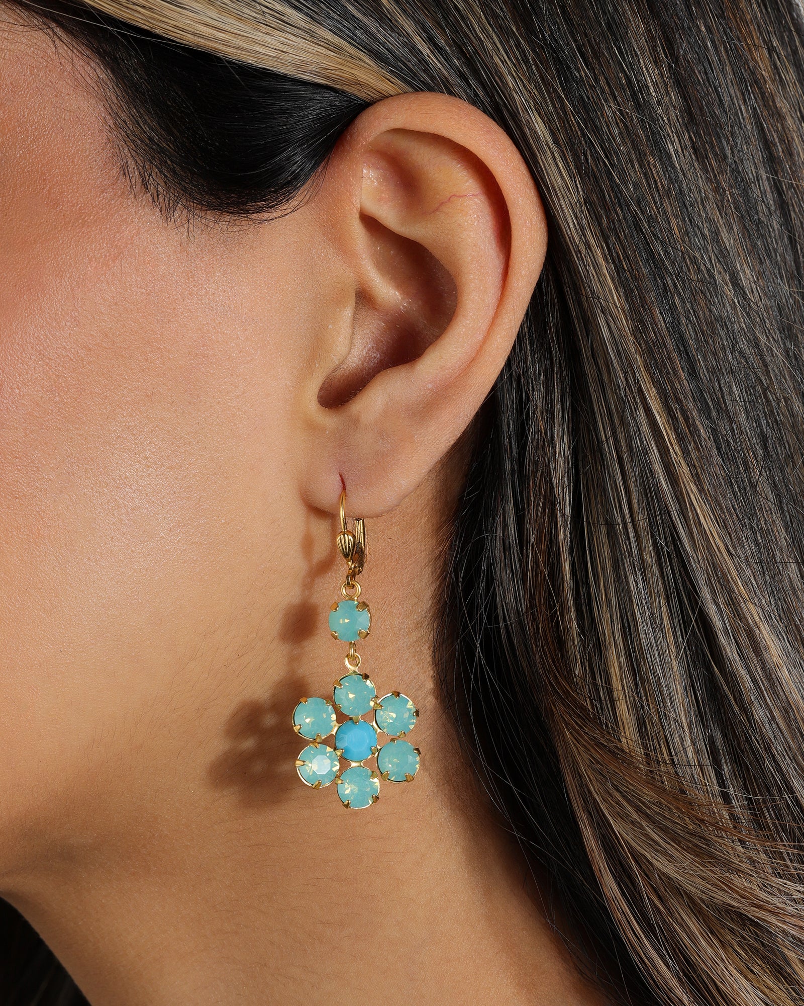 La Vie Parisienne-Large Flower Crystal Hooks-Earrings-Blue Ruby Jewellery-Vancouver Canada