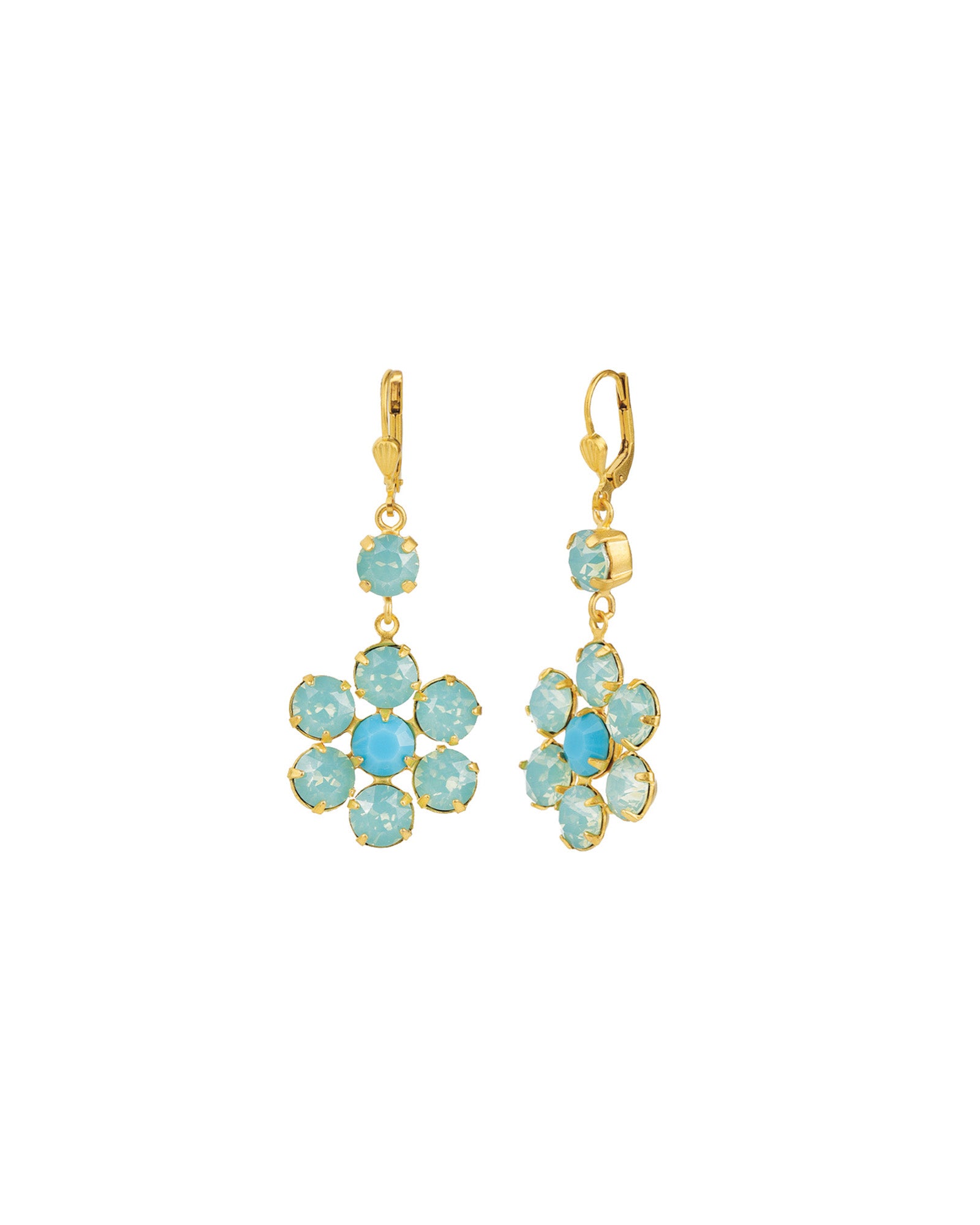 Large Flower Crystal Hooks Antique 14k Gold Plated,  Pacific Opal & Turquoise Crystal