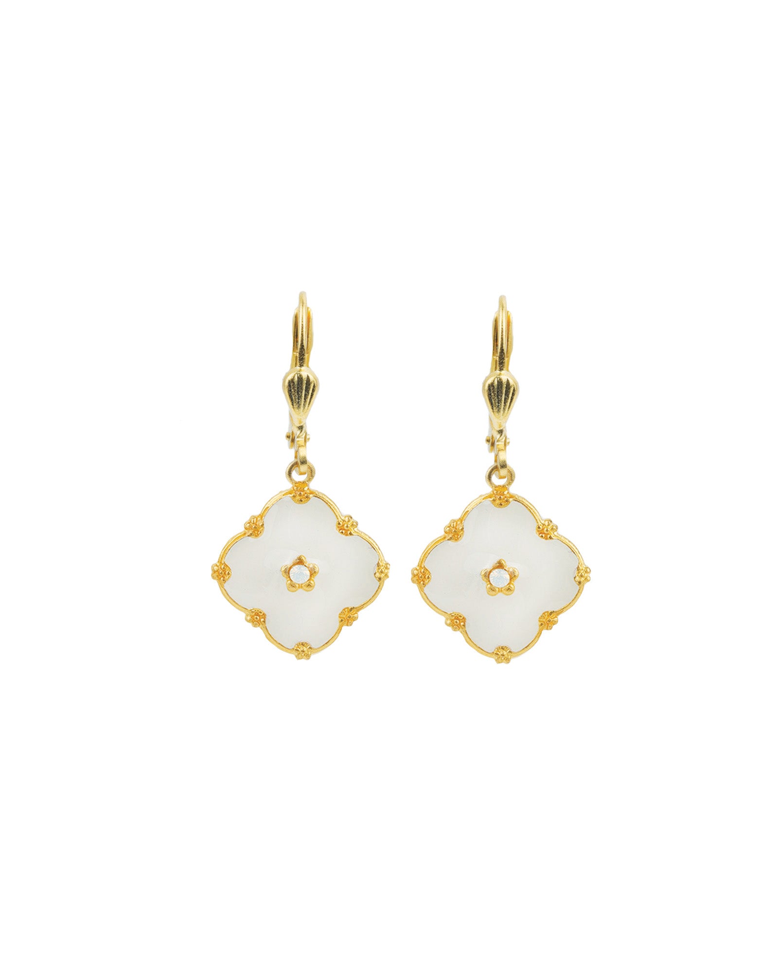 Clover Enamel Crystal Hooks Antique 14k Gold Plated, Enamel,  White Opal Crystal
