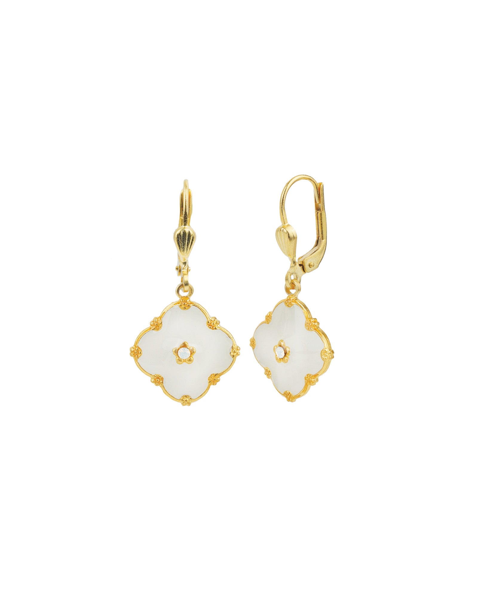 Clover Enamel Crystal Hooks Antique 14k Gold Plated, Enamel,  White Opal Crystal