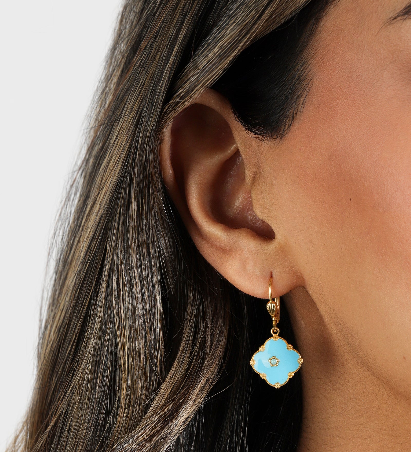 La Vie Parisienne-Clover Enamel Crystal Hooks-Earrings-Blue Ruby Jewellery-Vancouver Canada