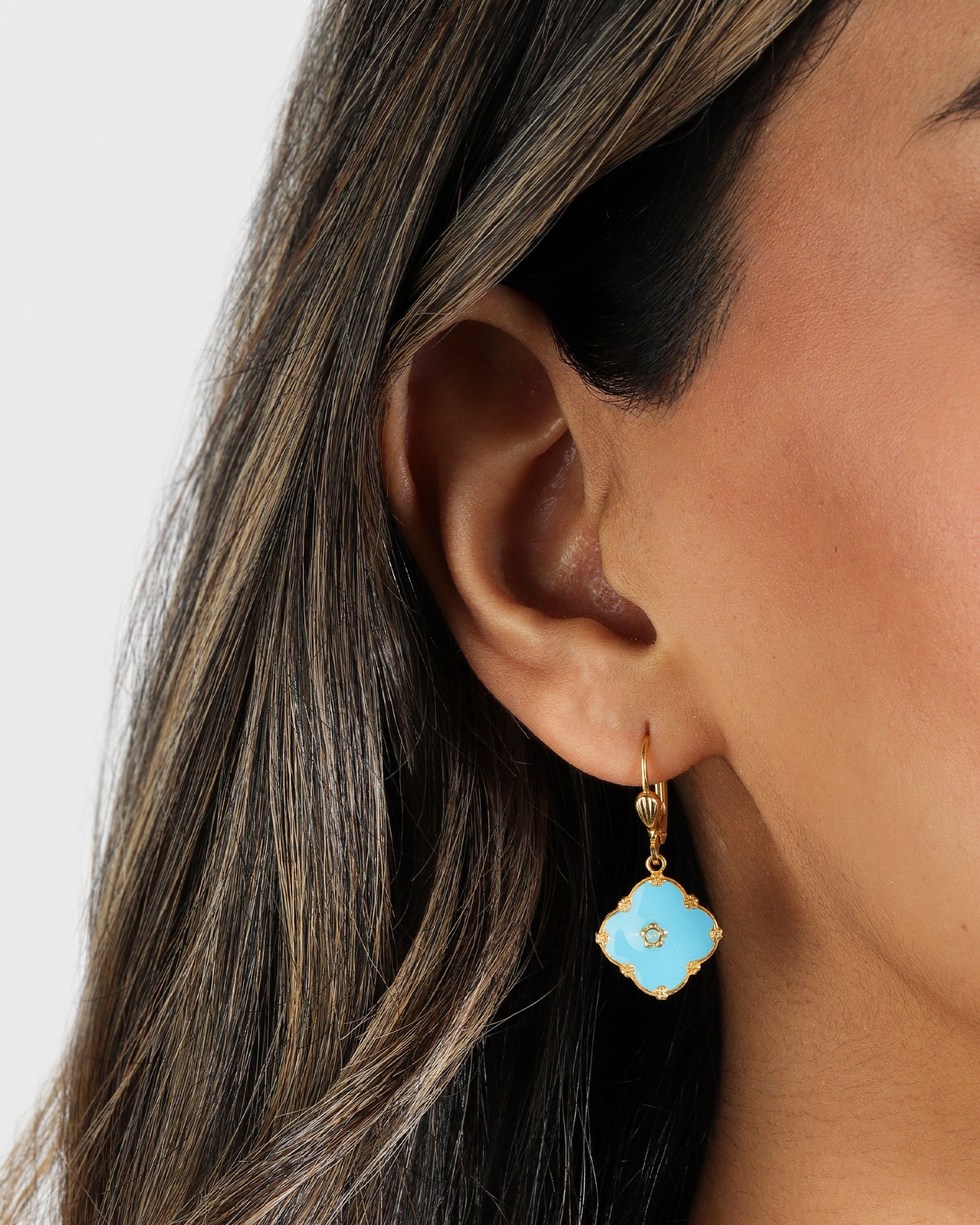 La Vie Parisienne-Clover Enamel Crystal Hooks-Earrings-Blue Ruby Jewellery-Vancouver Canada