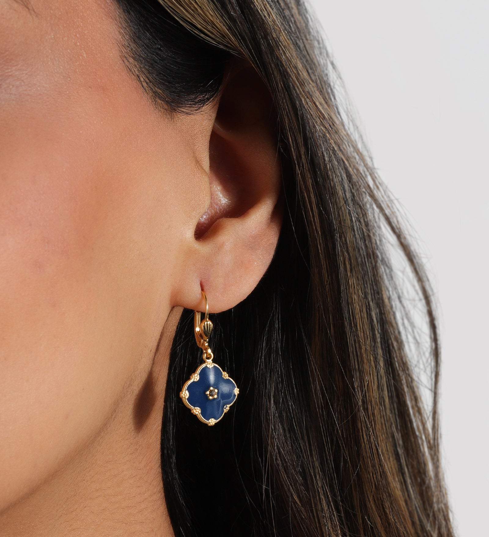 La Vie Parisienne-Clover Enamel Crystal Hooks-Earrings-Blue Ruby Jewellery-Vancouver Canada