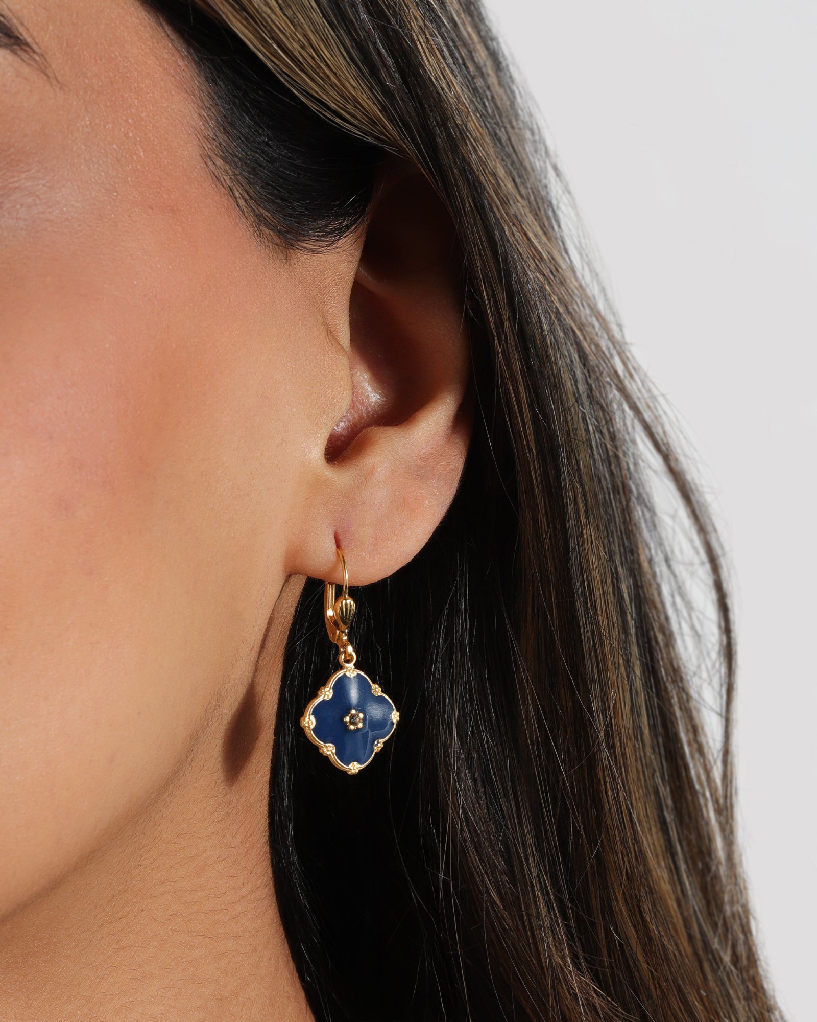 La Vie Parisienne-Clover Enamel Crystal Hooks-Earrings-Blue Ruby Jewellery-Vancouver Canada