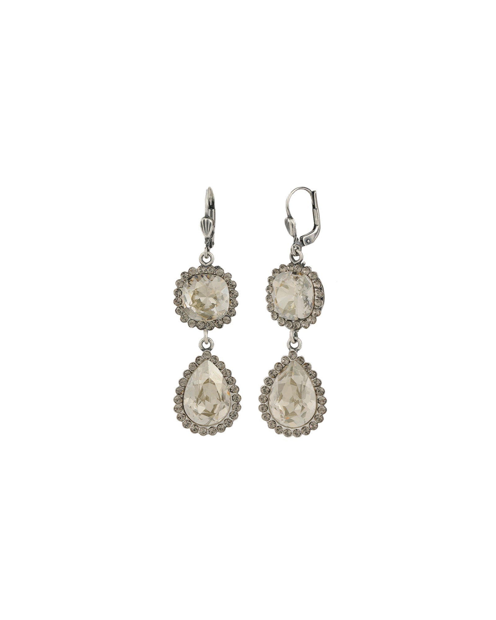Square Teardrop Halo Drop Hooks Antique Silver Plated,  Shade & Black Diamond Crystal