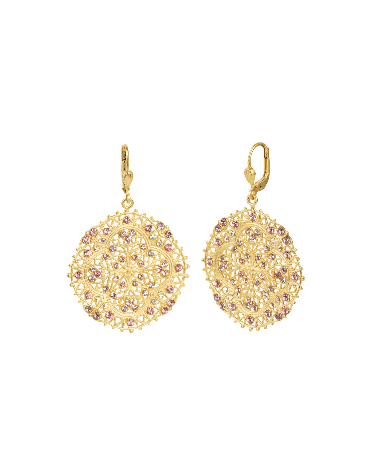 La Vie Parisienne-Round Clover Filigree Hooks-Earrings-Antique 14k Gold Plated, Pink Crystal-Blue Ruby Jewellery-Vancouver Canada
