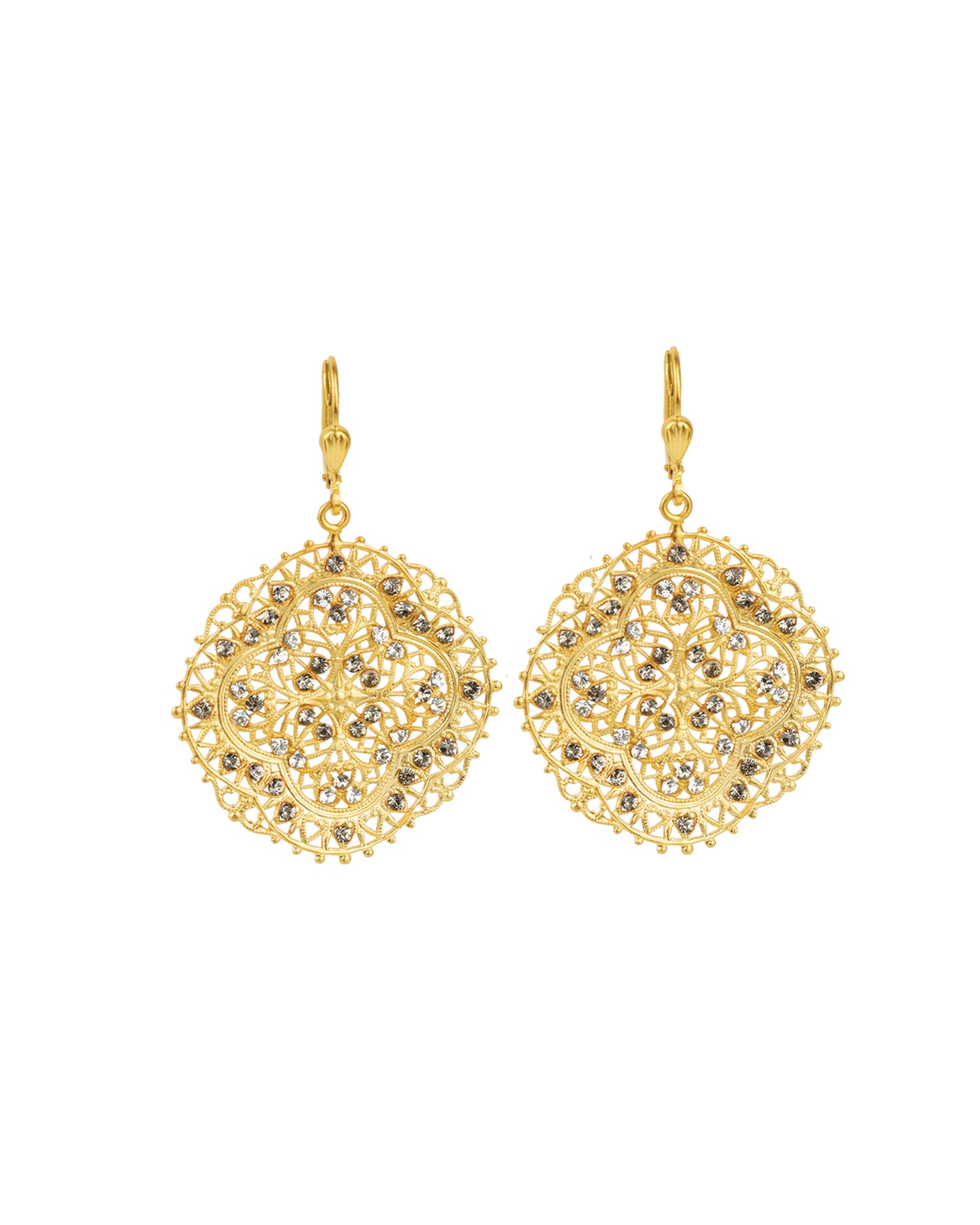 Round Clover Filigree Hooks Antique 14k Gold Plated,  Black Diamond Crystal