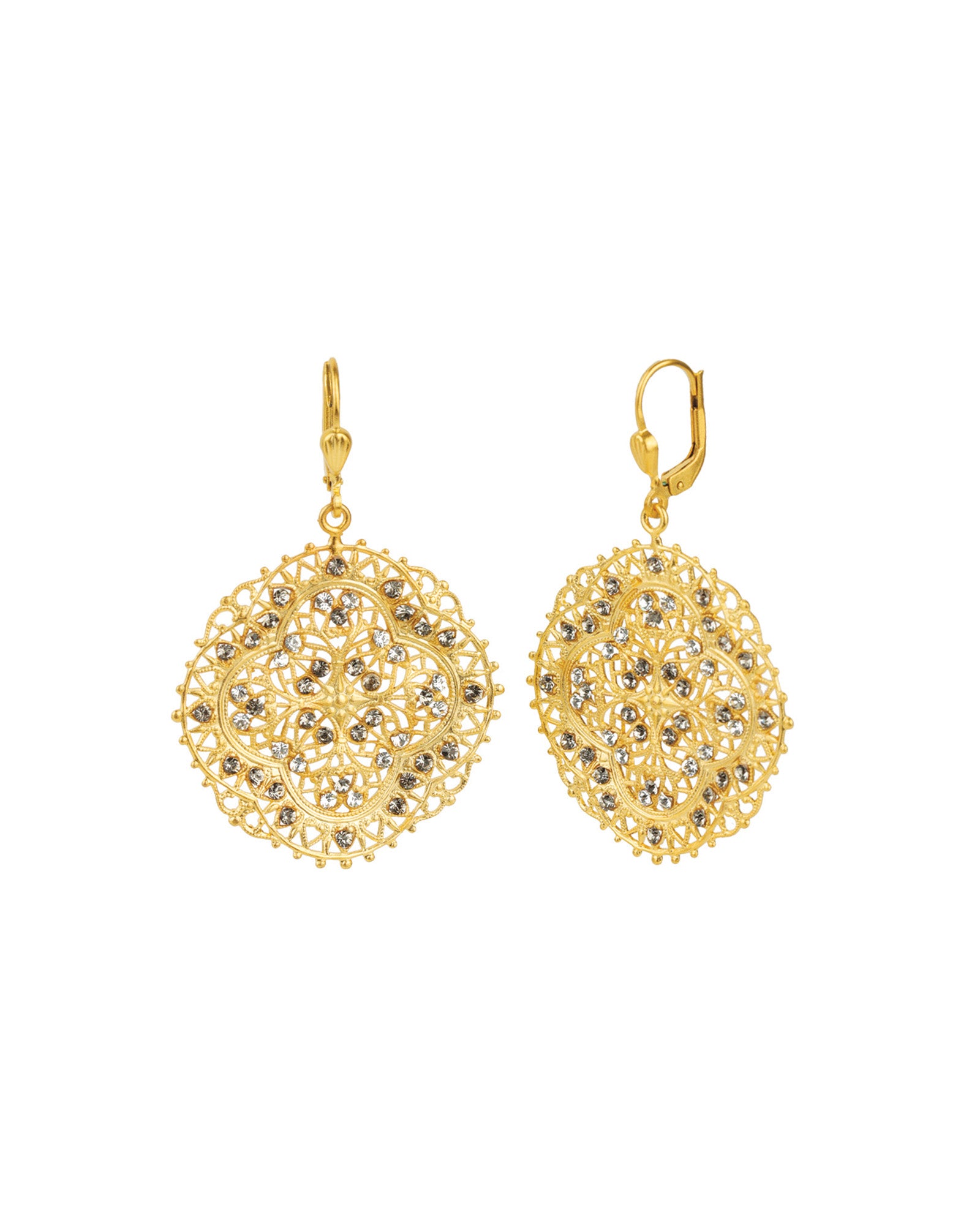 Round Clover Filigree Hooks Antique 14k Gold Plated,  Black Diamond Crystal