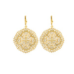 La Vie Parisienne-Round Clover Filigree Hooks-Earrings-Antique 14k Gold Plated, White Opal Crystal-Blue Ruby Jewellery-Vancouver Canada