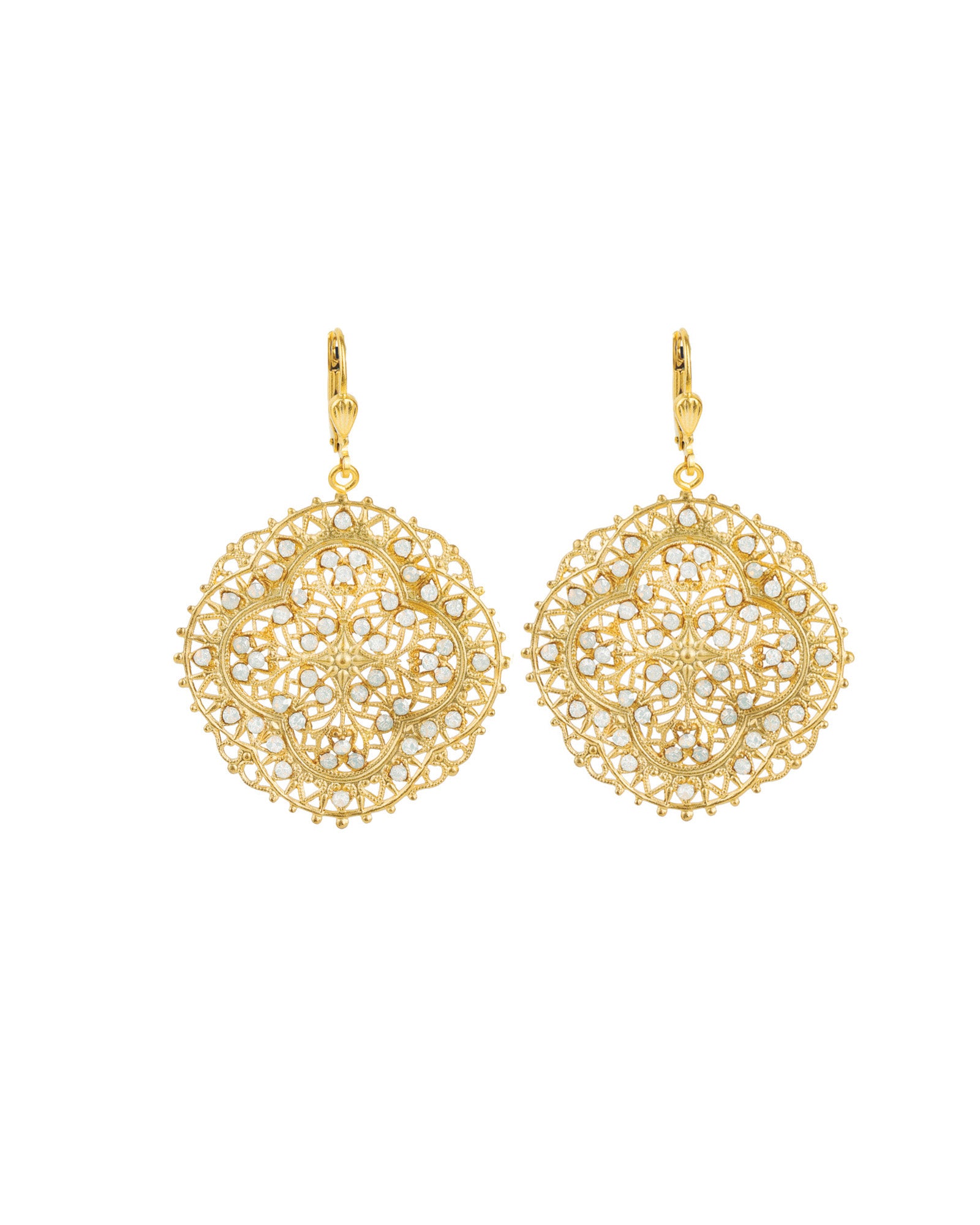 La Vie Parisienne-Round Clover Filigree Hooks-Earrings-Antique 14k Gold Plated, White Opal Crystal-Blue Ruby Jewellery-Vancouver Canada