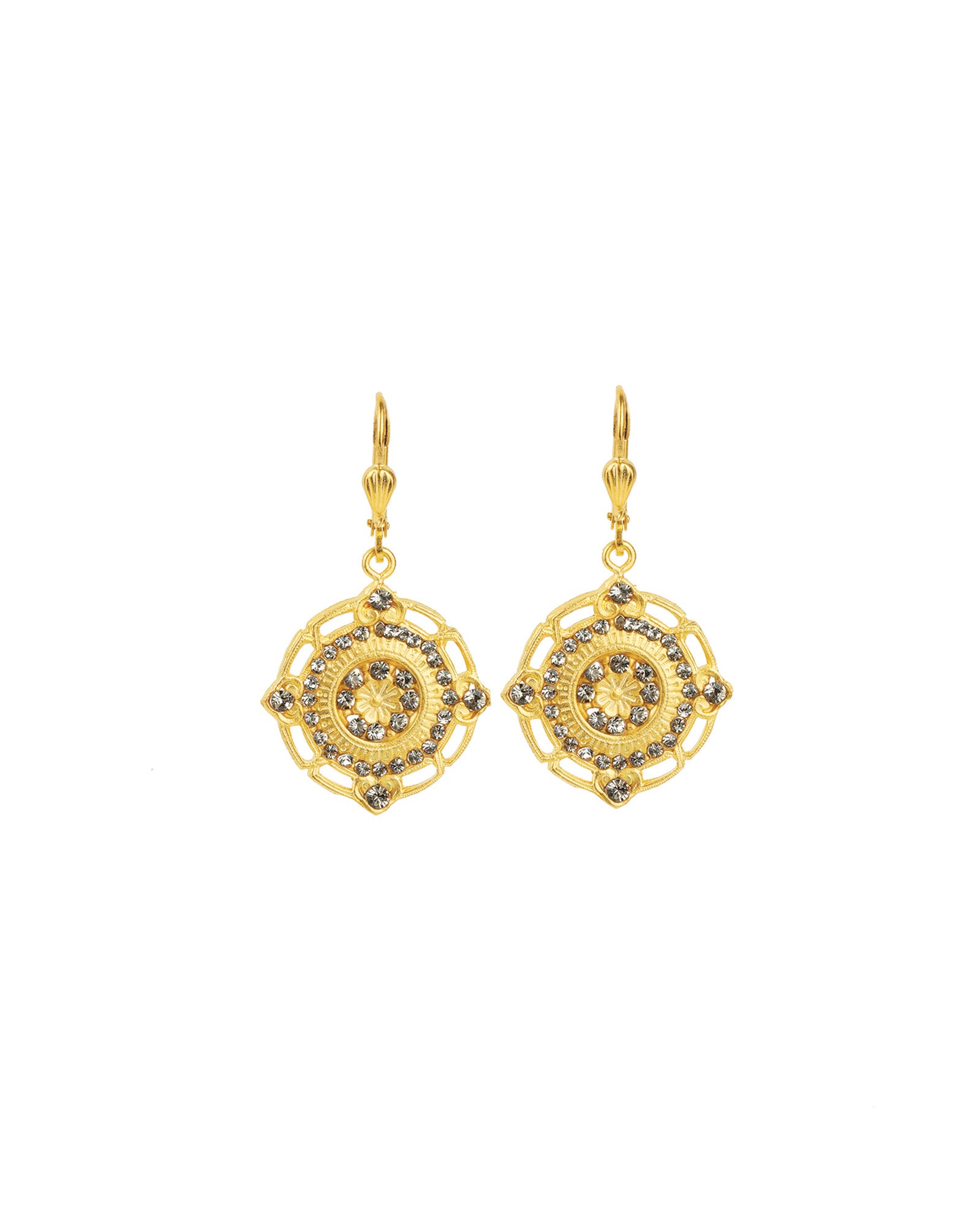 Flower Filigree Hooks Antique 14k Gold Plated,  Black Diamond Crystal