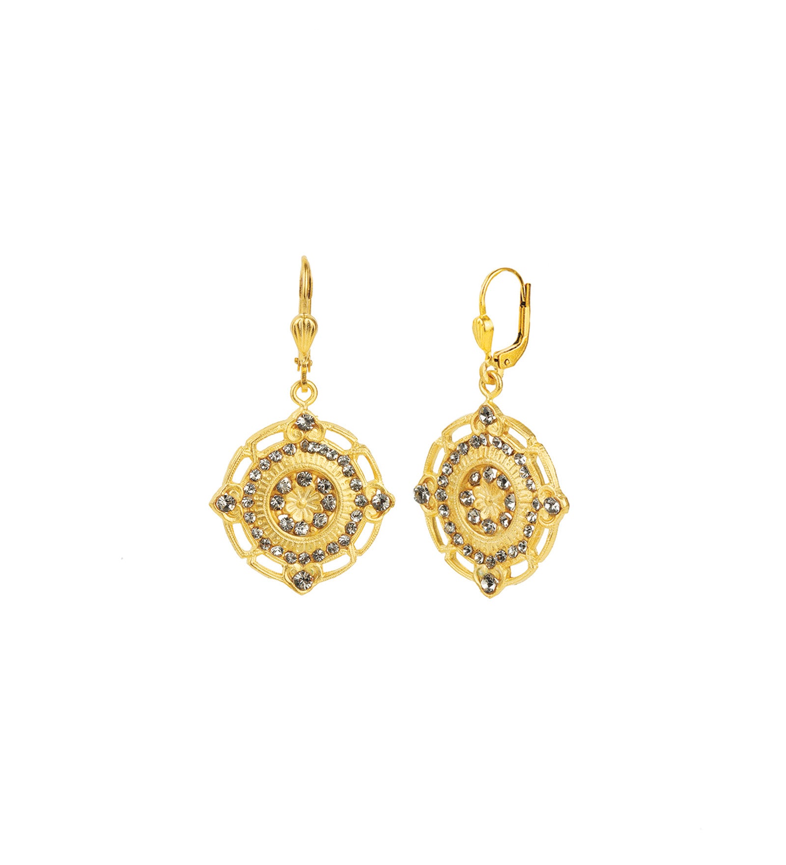 Flower Filigree Hooks Antique 14k Gold Plated,  Black Diamond Crystal