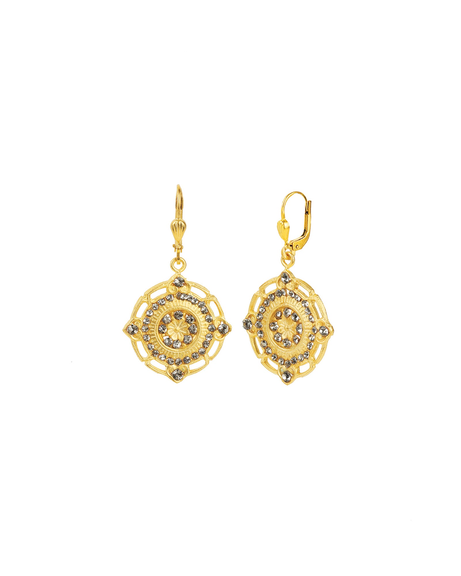 Flower Filigree Hooks Antique 14k Gold Plated,  Black Diamond Crystal