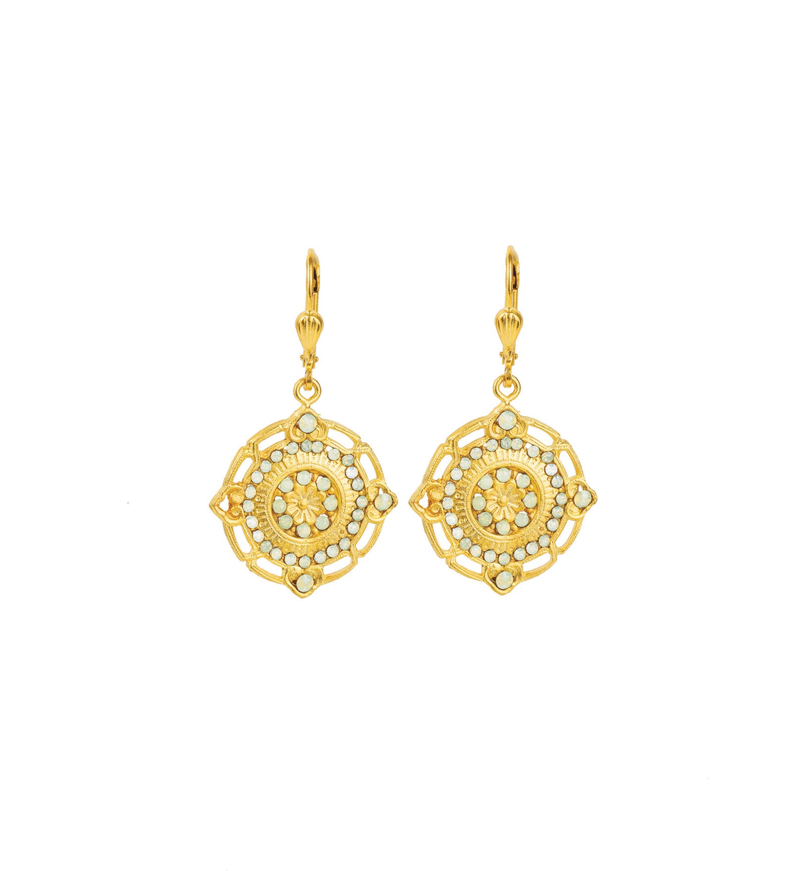 Flower Filigree Hooks Antique 14k Gold Plated,  Sea Opal Crystal