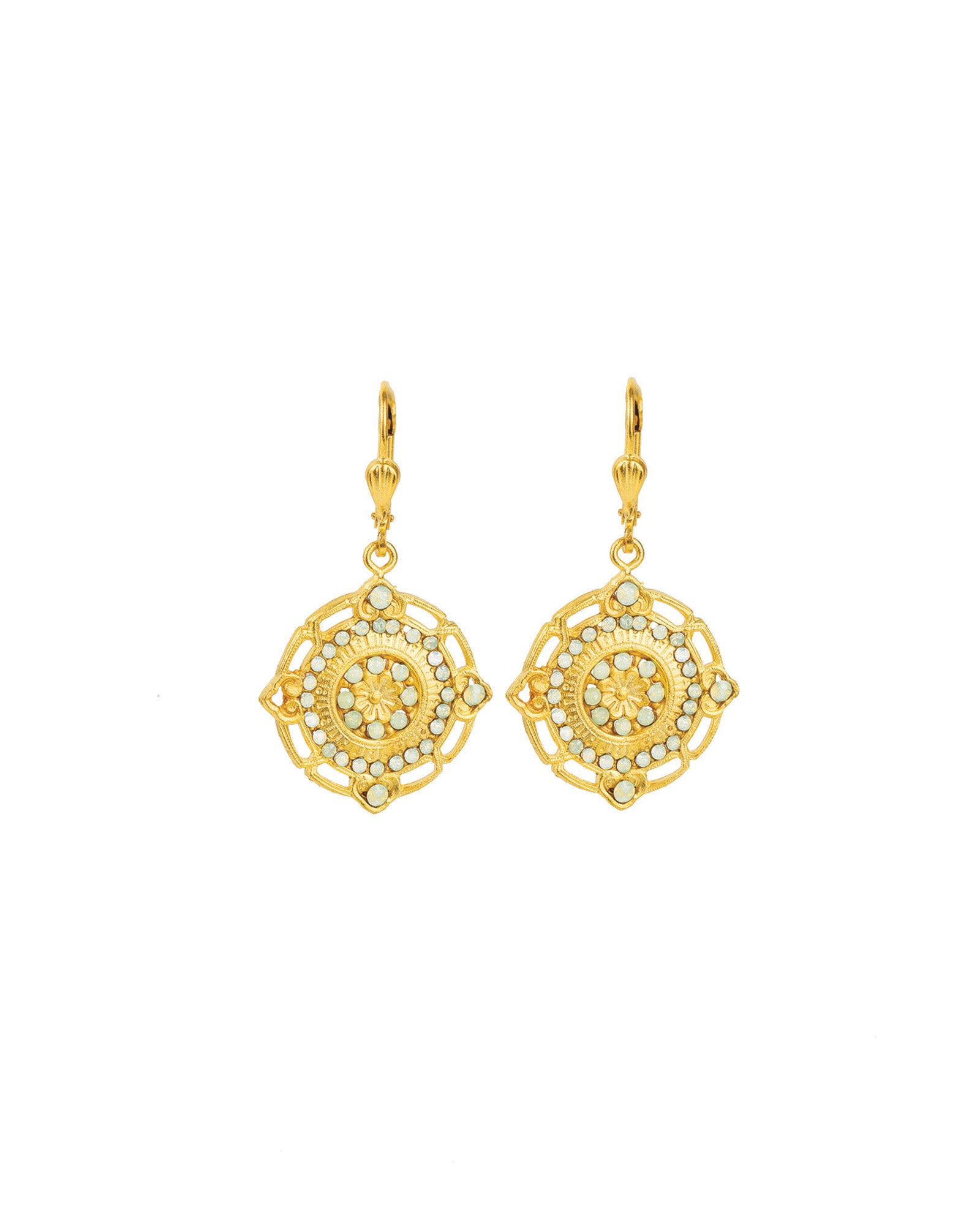 Flower Filigree Hooks Antique 14k Gold Plated,  Sea Opal Crystal
