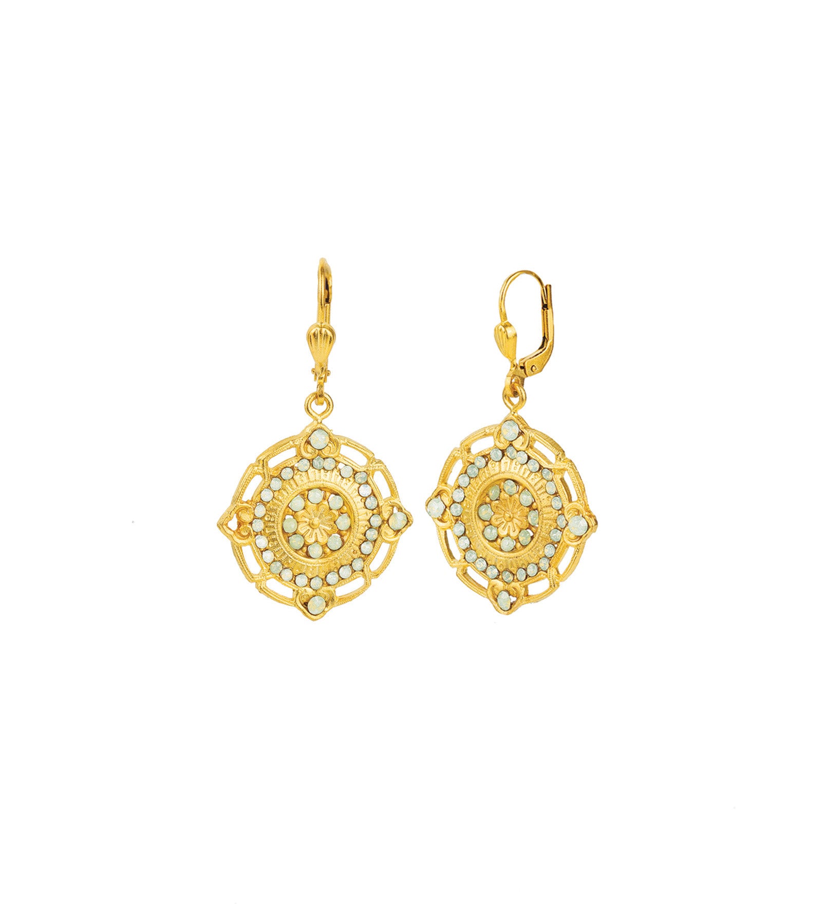 Flower Filigree Hooks Antique 14k Gold Plated,  Sea Opal Crystal