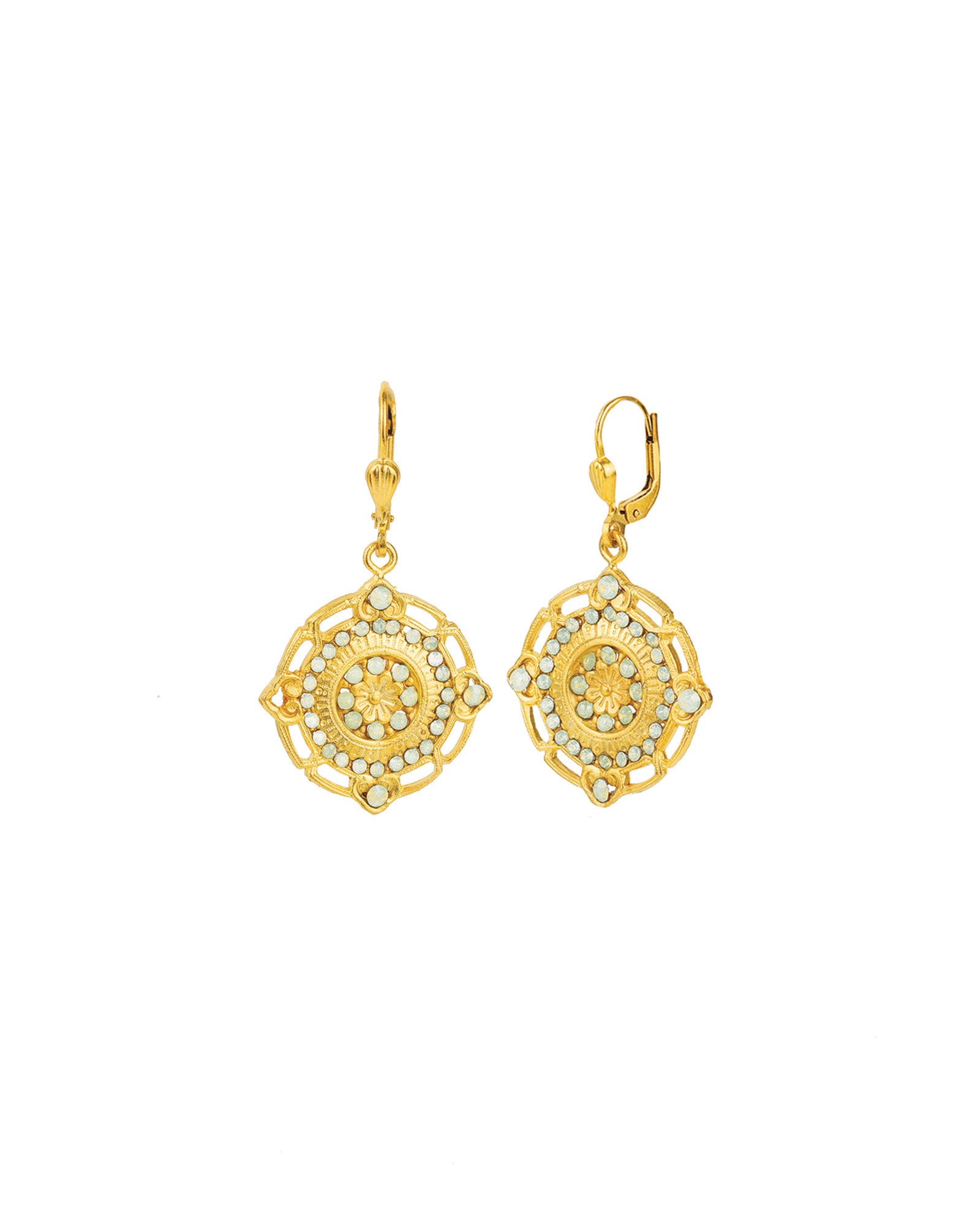 Flower Filigree Hooks Antique 14k Gold Plated,  Sea Opal Crystal