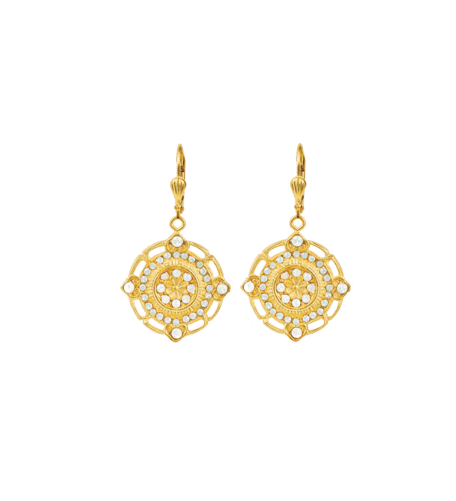 Flower Filigree Hooks Antique 14k Gold Plated,  White Opal Crystal