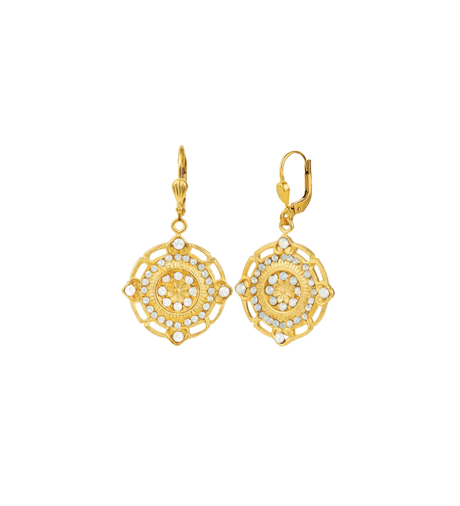 Flower Filigree Hooks Antique 14k Gold Plated,  White Opal Crystal