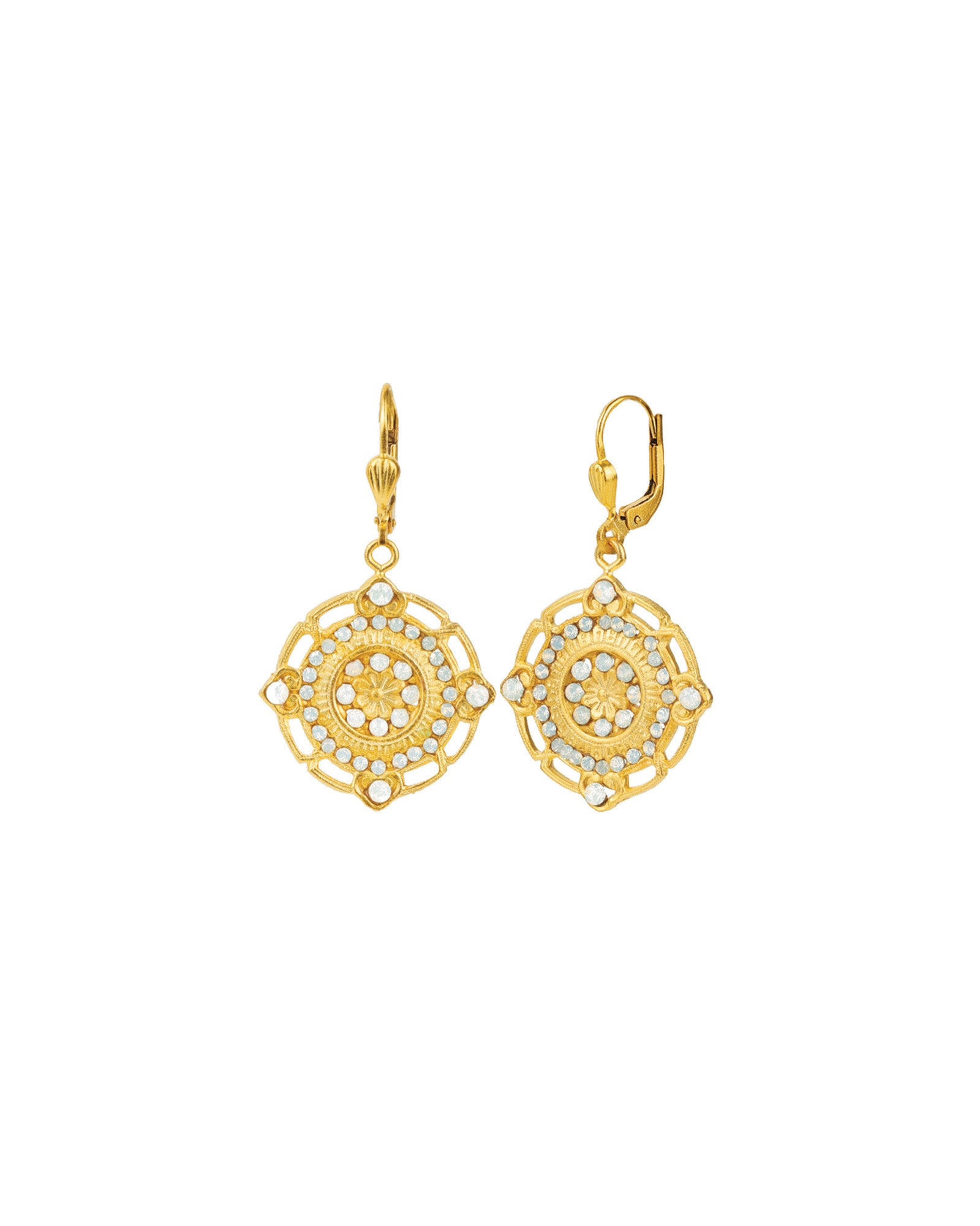 Flower Filigree Hooks Antique 14k Gold Plated,  White Opal Crystal