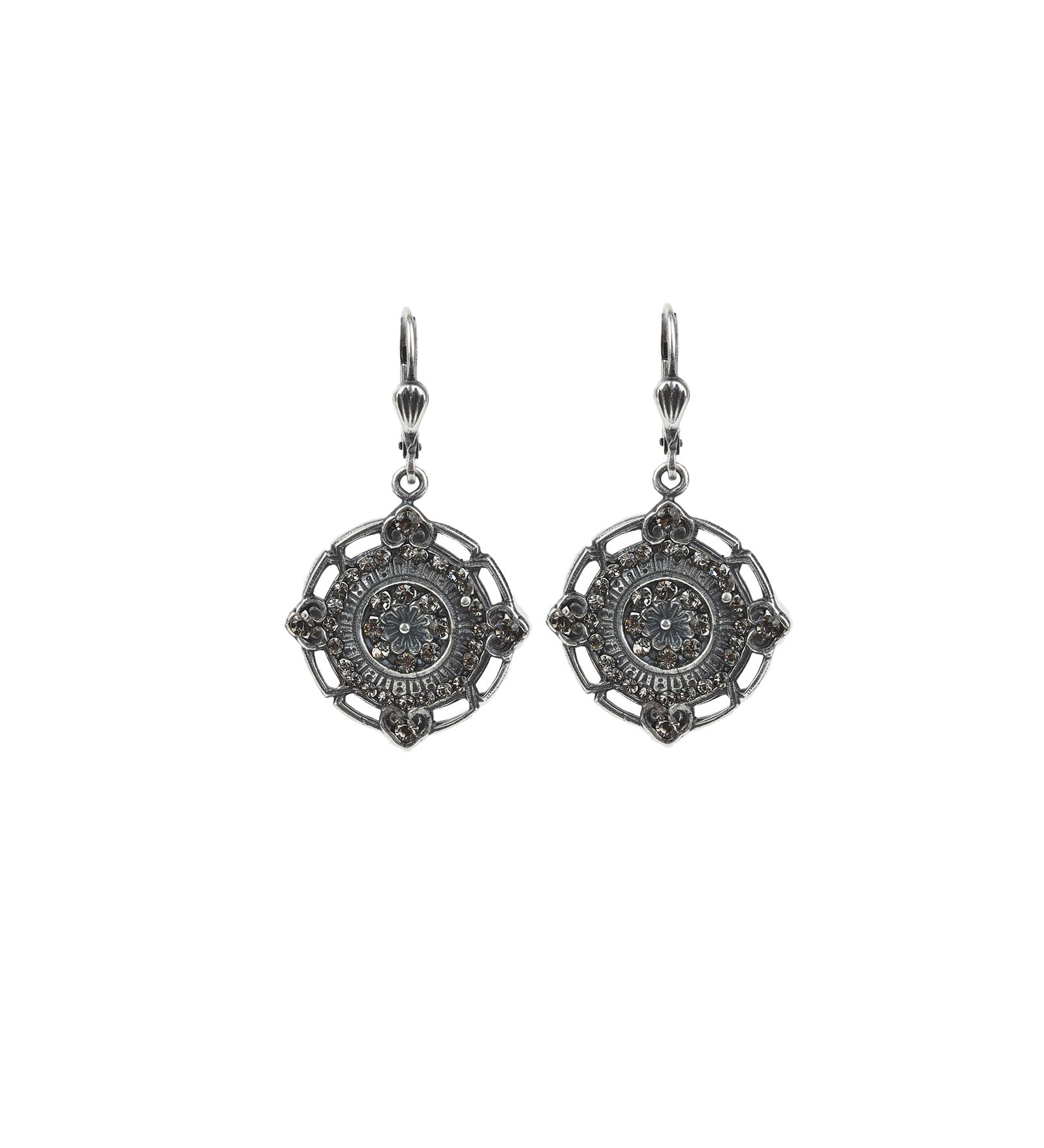 La Vie Parisienne-Flower Filigree Hooks-Earrings-Silver Plated, Black Diamond Crystal-Blue Ruby Jewellery-Vancouver Canada