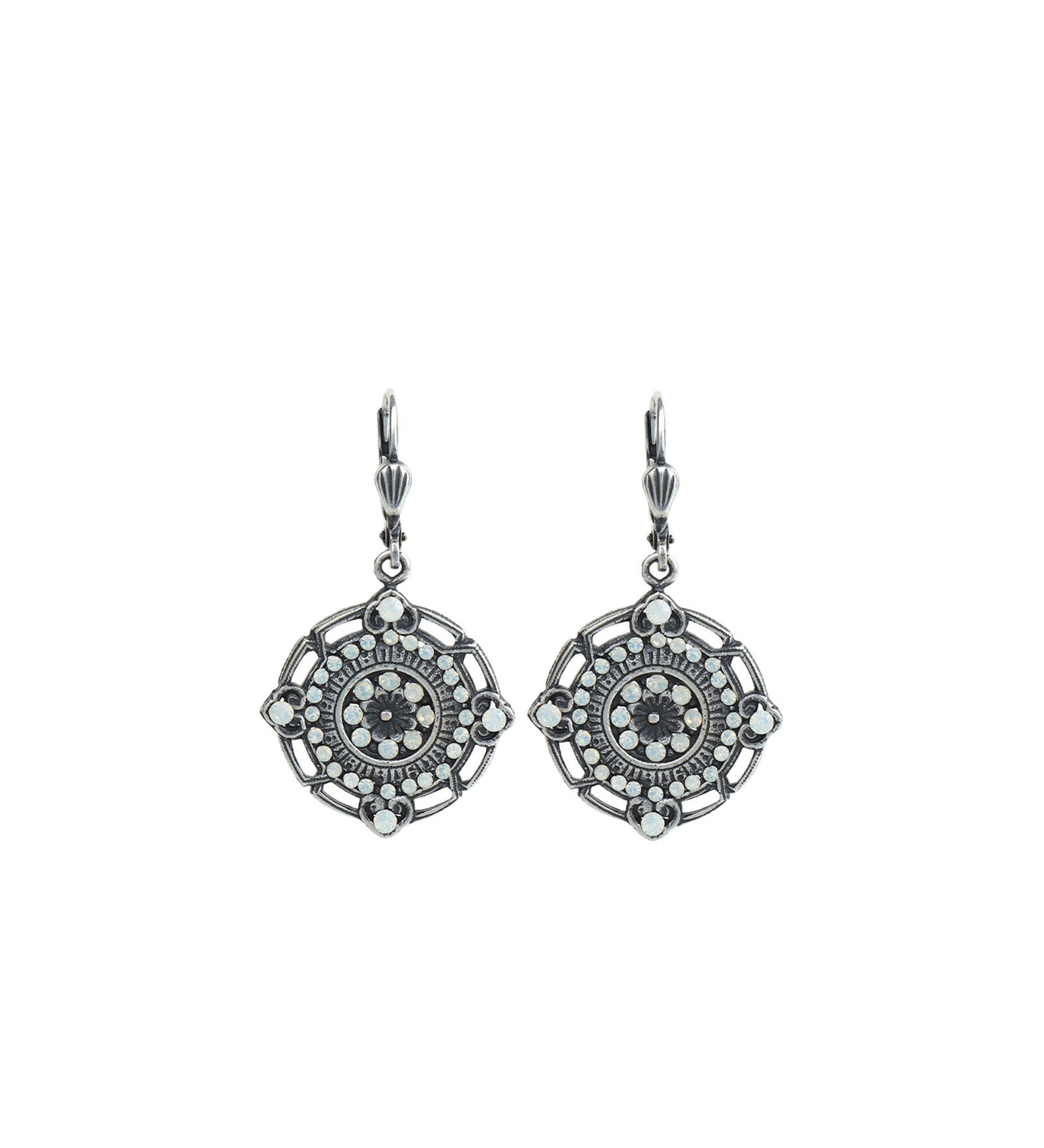 La Vie Parisienne-Flower Filigree Hooks-Earrings-Silver Plated, White Opal Crystal-Blue Ruby Jewellery-Vancouver Canada