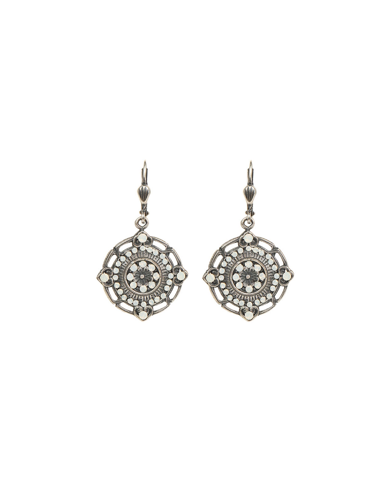 La Vie Parisienne-Flower Filigree Hooks-Earrings-Silver Plated, White Opal Crystal-Blue Ruby Jewellery-Vancouver Canada