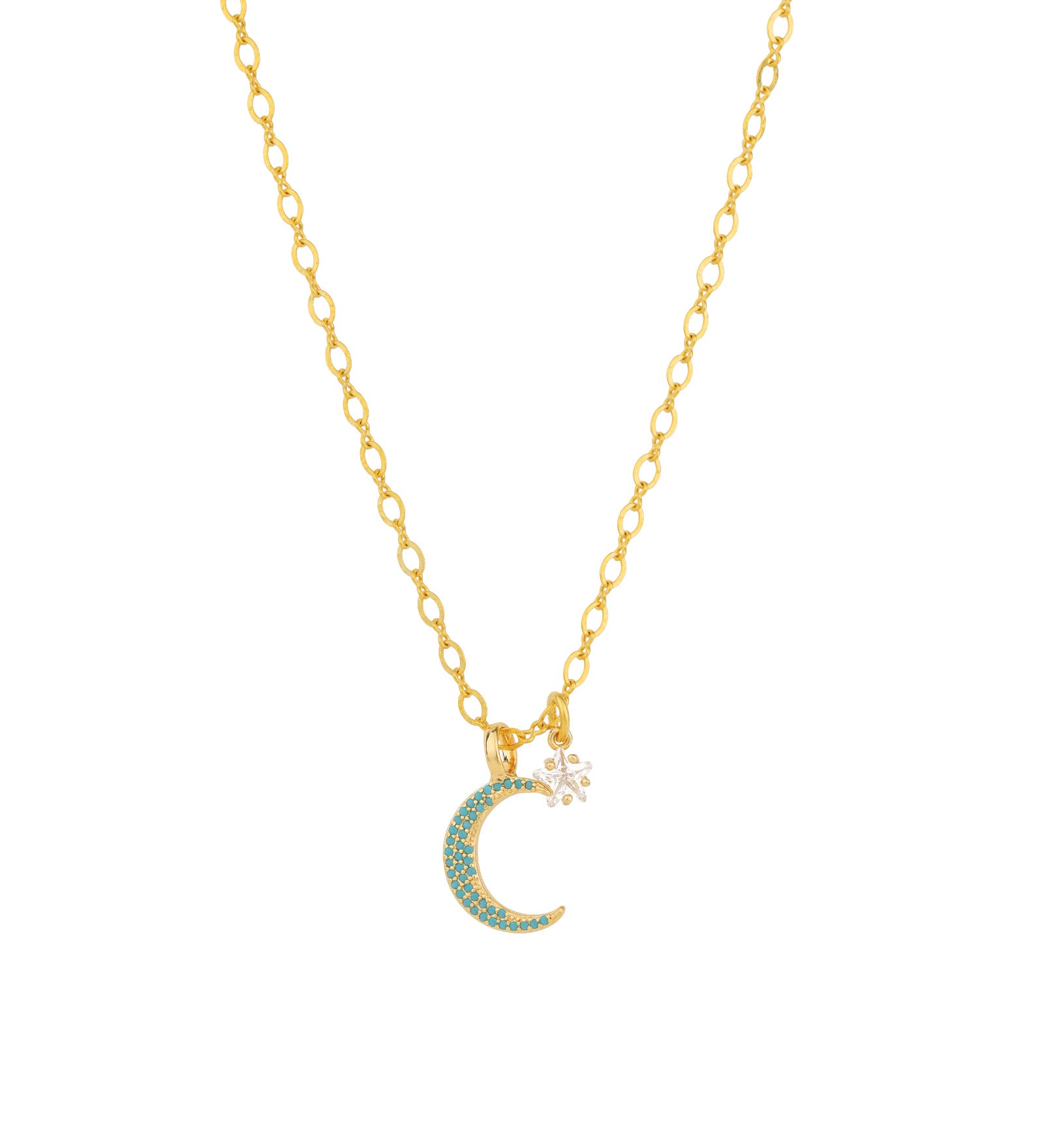 Moon & Stars Necklace Antique 14k Gold Plated, Turquoise Crystal