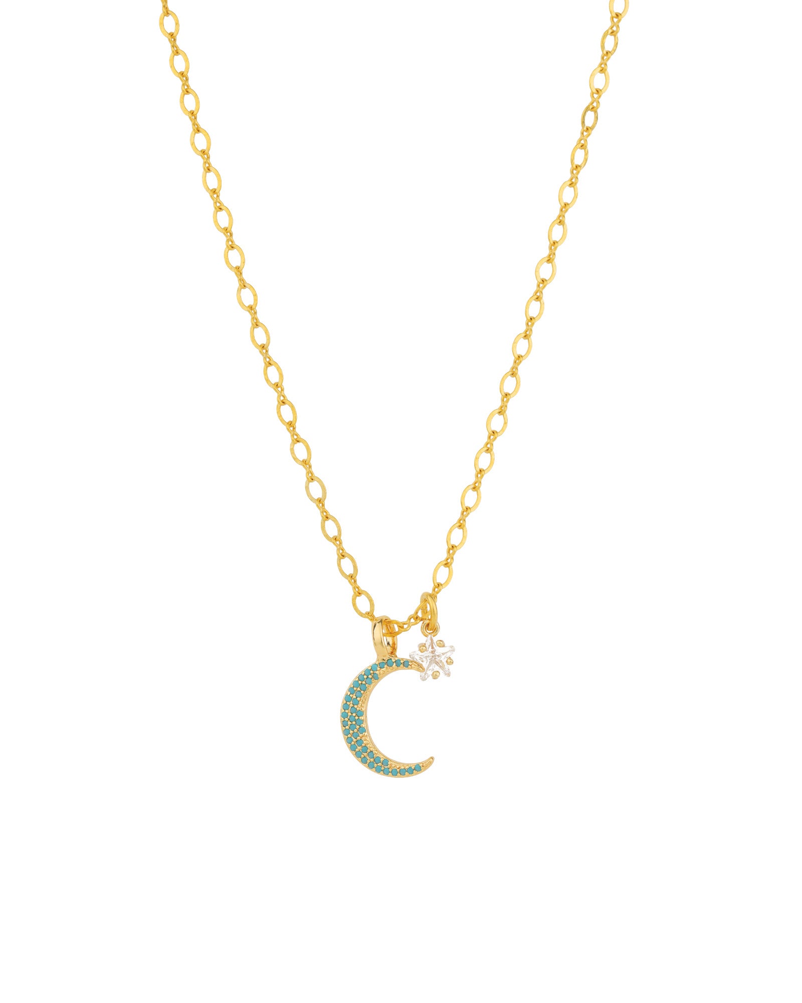 Moon & Stars Necklace Antique 14k Gold Plated, Turquoise Crystal
