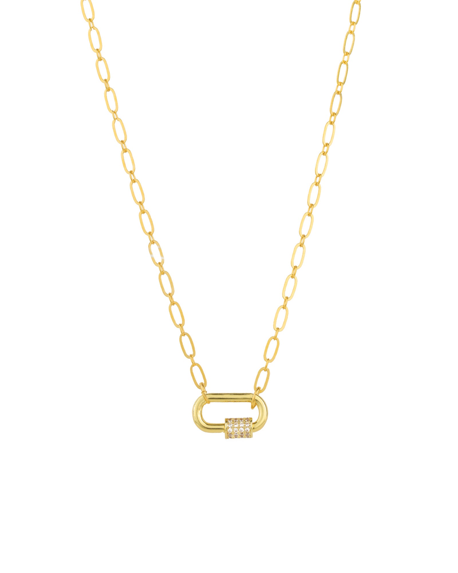 Pavé Carabiner Necklace Antique 14k Gold Plated, White Crystal