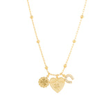 Lucky Three Charm Necklace Antique 14k Gold Plated, White Crystal