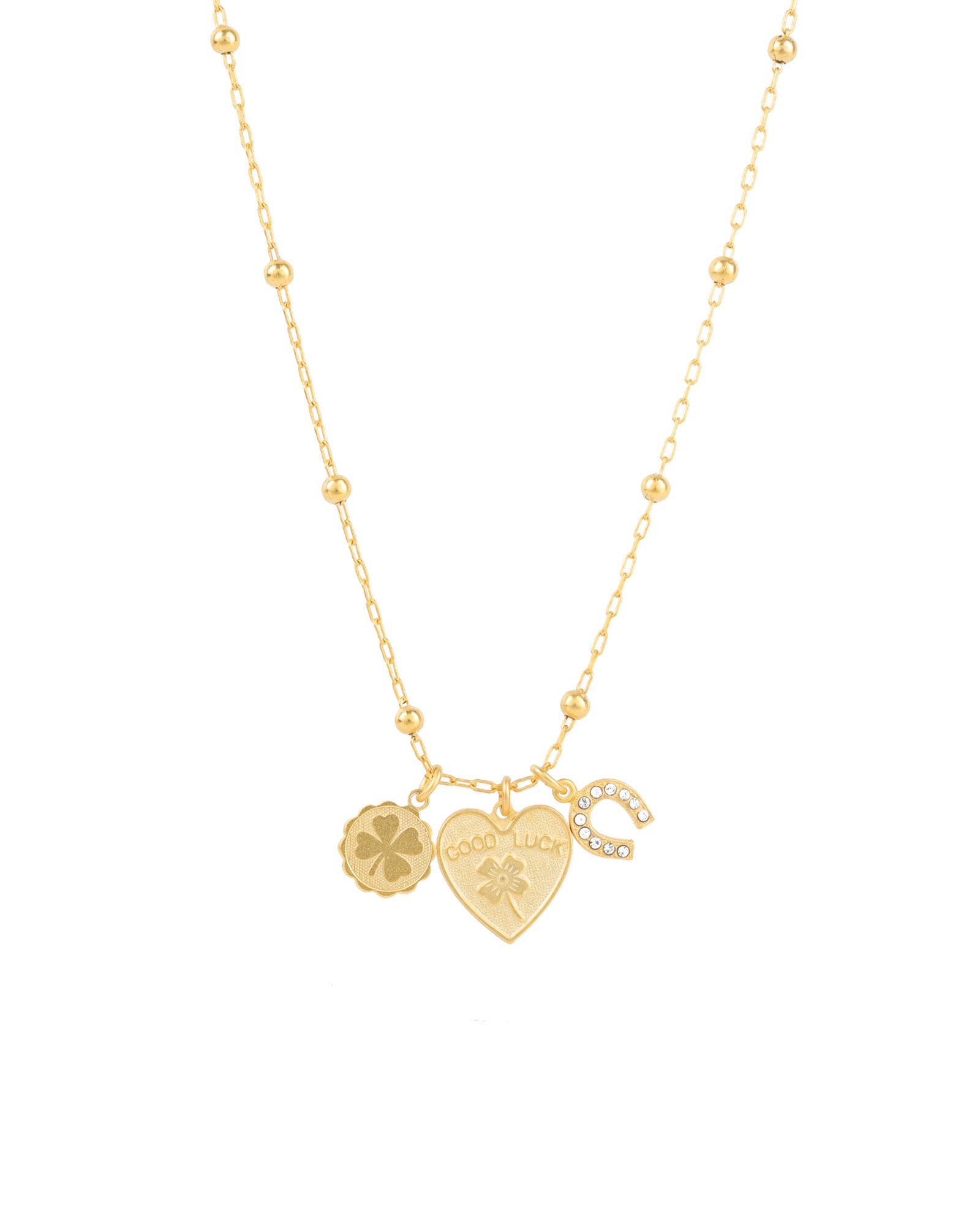 Lucky Three Charm Necklace Antique 14k Gold Plated, White Crystal