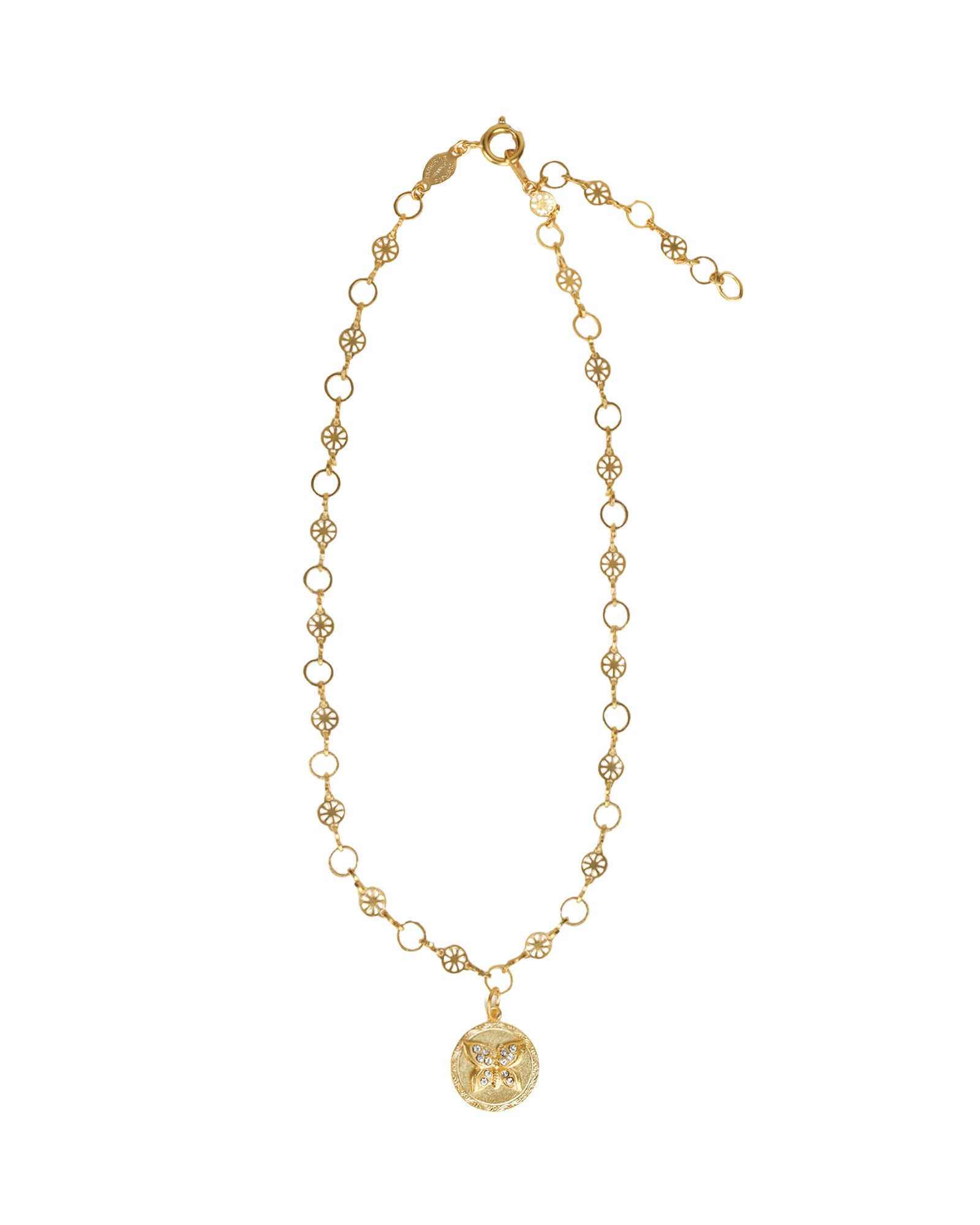 Butterfly Disc Necklace 14k Gold Plated, Crystal