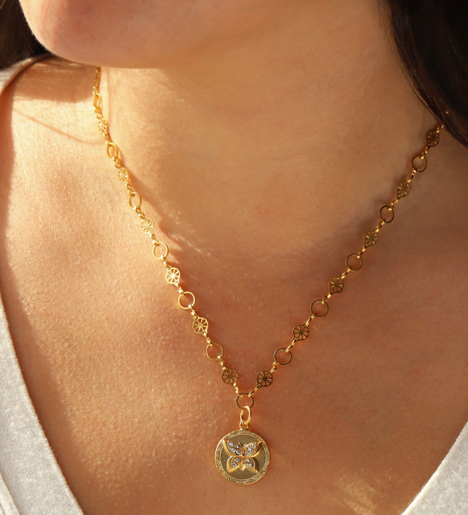 Butterfly Disc Necklace 14k Gold Plated, Crystal