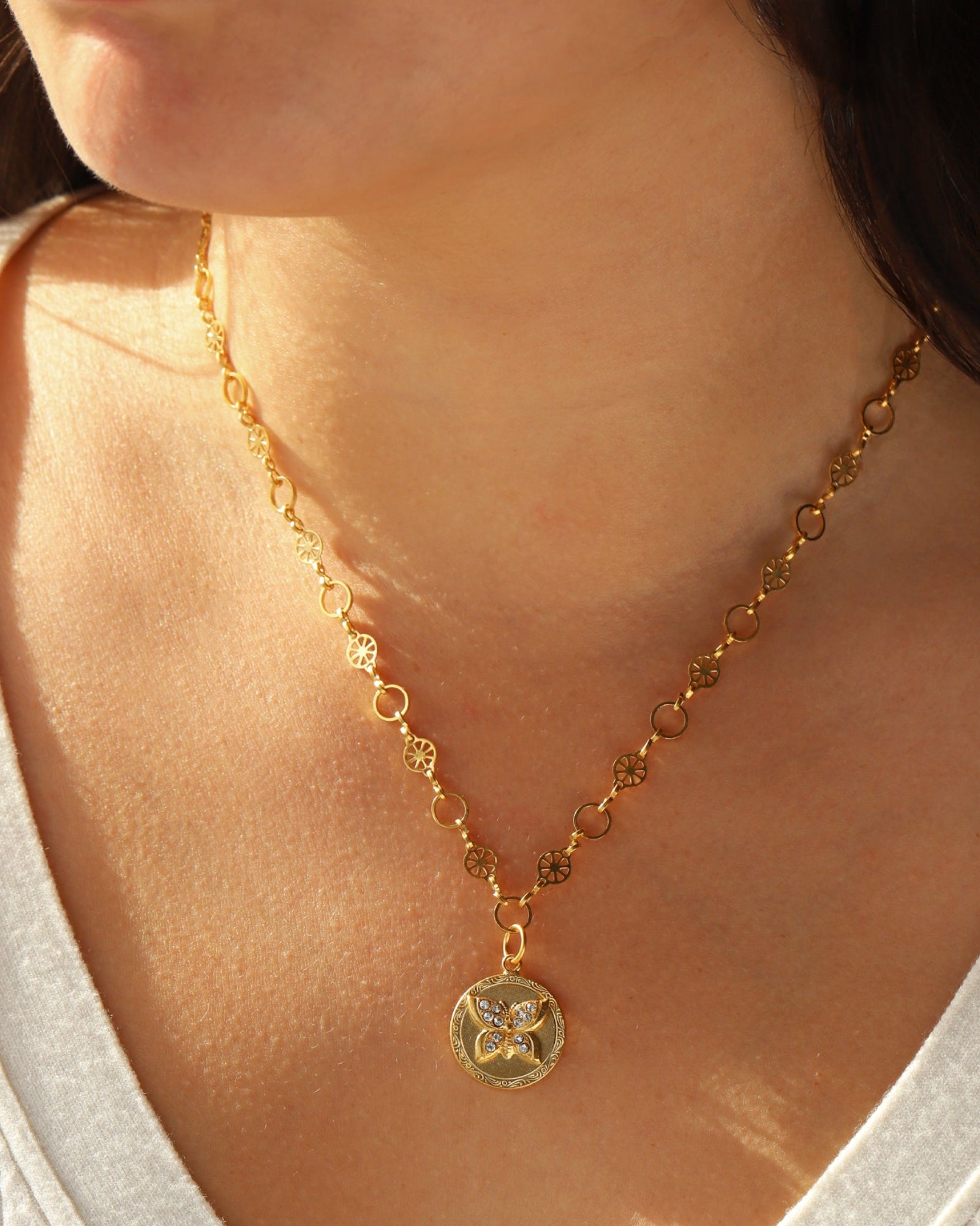 Butterfly Disc Necklace 14k Gold Plated, Crystal