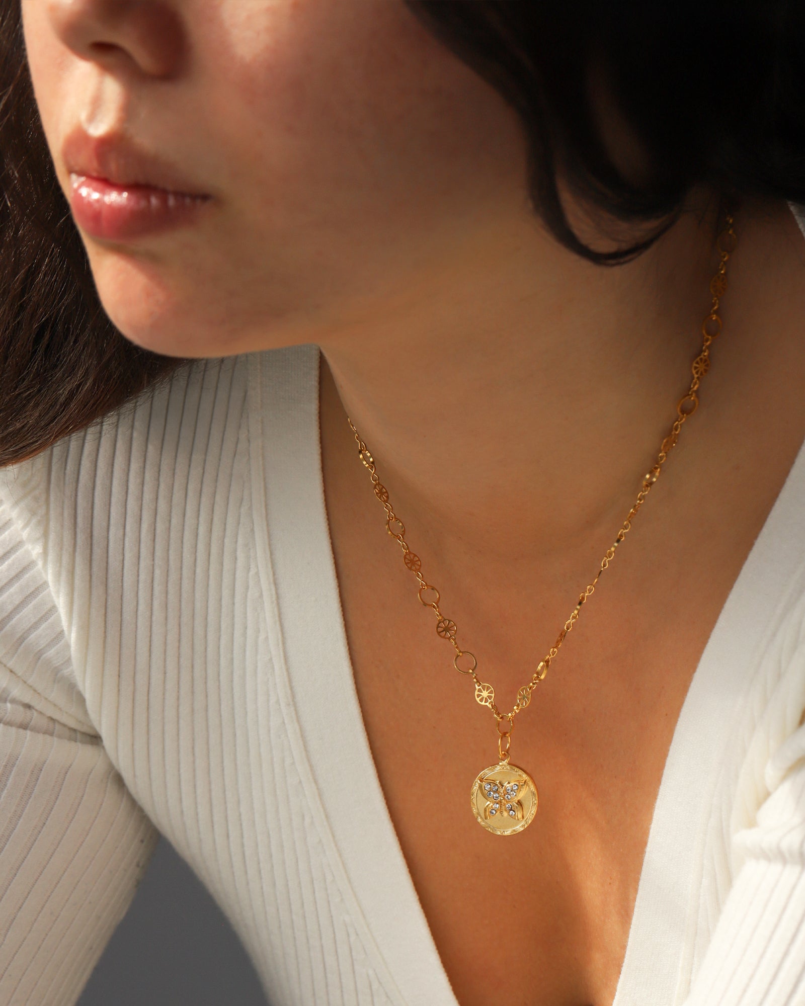 Butterfly Disc Necklace 14k Gold Plated, Crystal