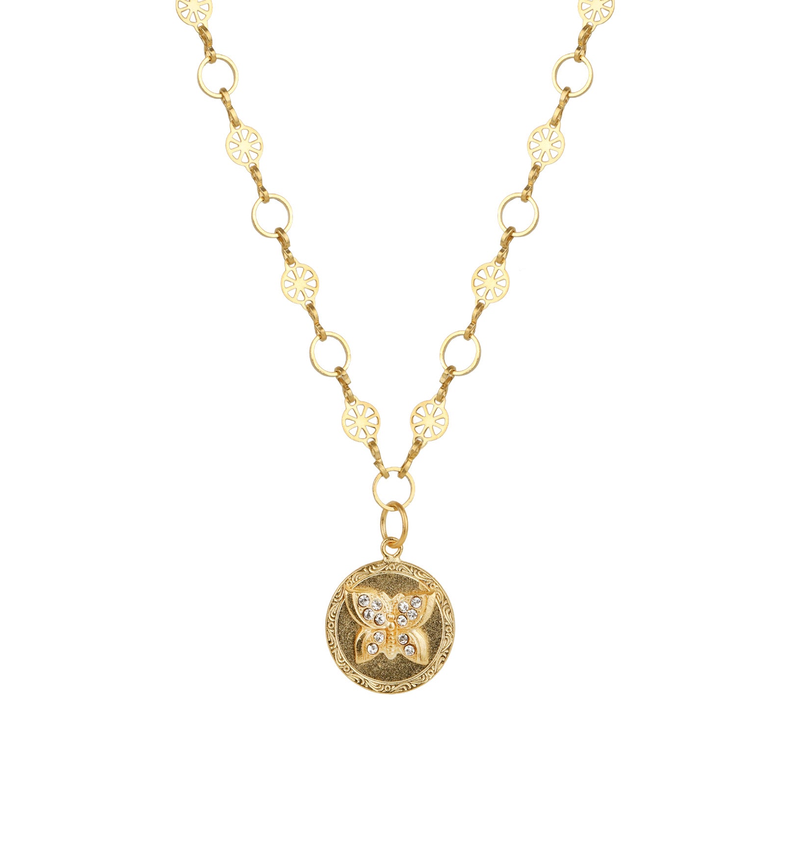 Butterfly Disc Necklace 14k Gold Plated, Crystal