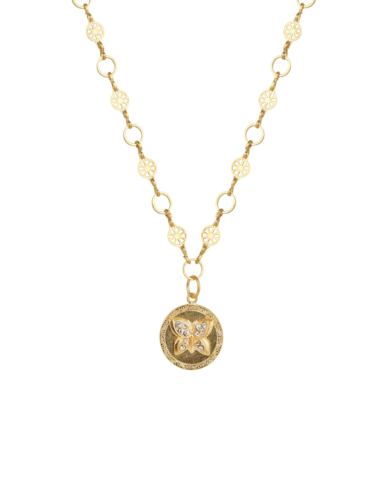 Butterfly Disc Necklace 14k Gold Plated, Crystal